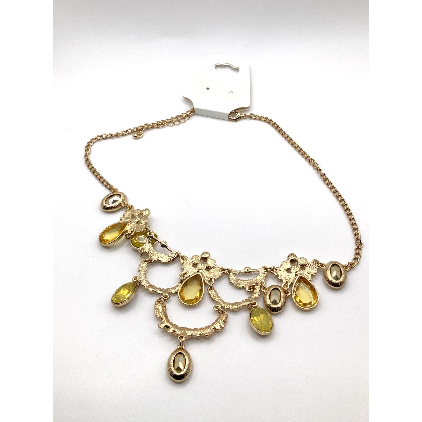STONY Gold Tone Brutalist Statement Necklace w/ Green Teardrop Glass Stones 15"
