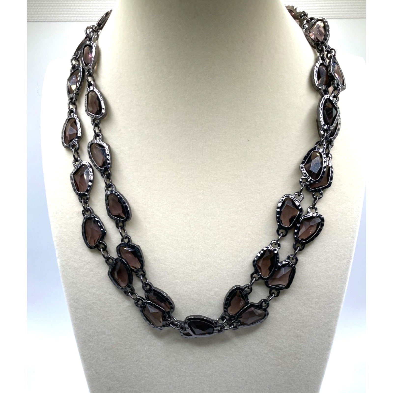 Chicos CZ Smoky Goth Purple Necklace Gunmetal Tone 38" Long Layering Necklace