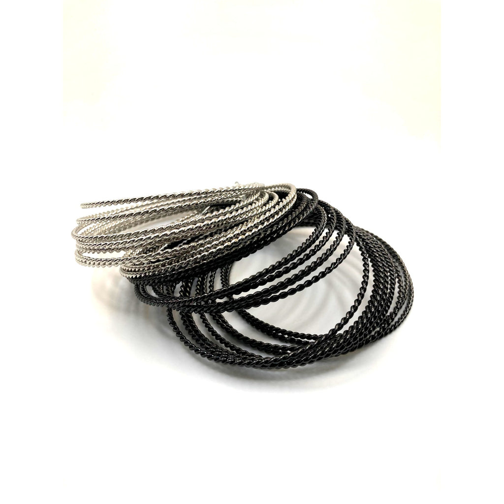 CHICO'S Black and Silver Tone Thin Twisted Bangle Bracelet Stacker