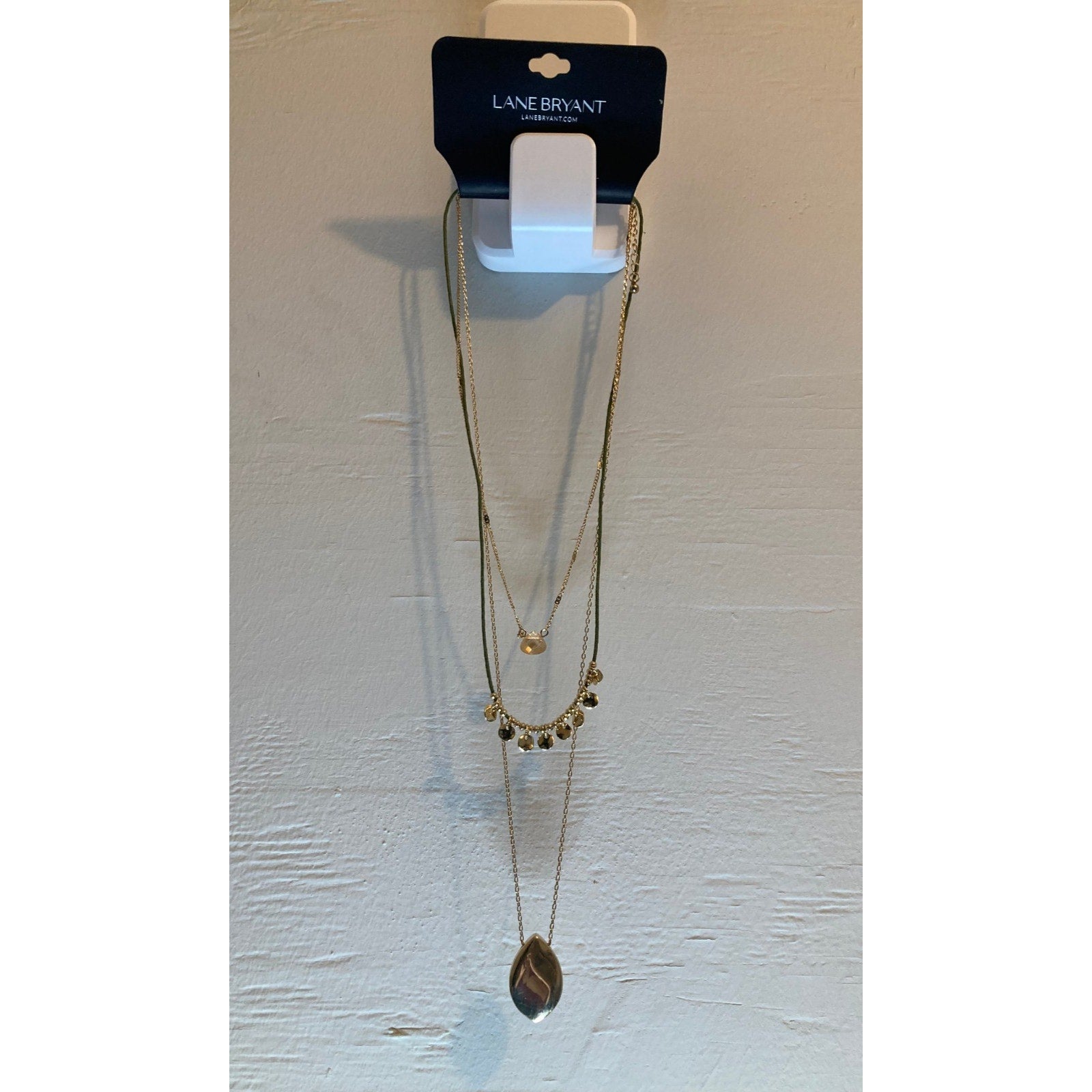 SET! LANE BRYANT Three Strand Olive & Gold Tone Pendant NECKLACE & Hoop EARRINGS