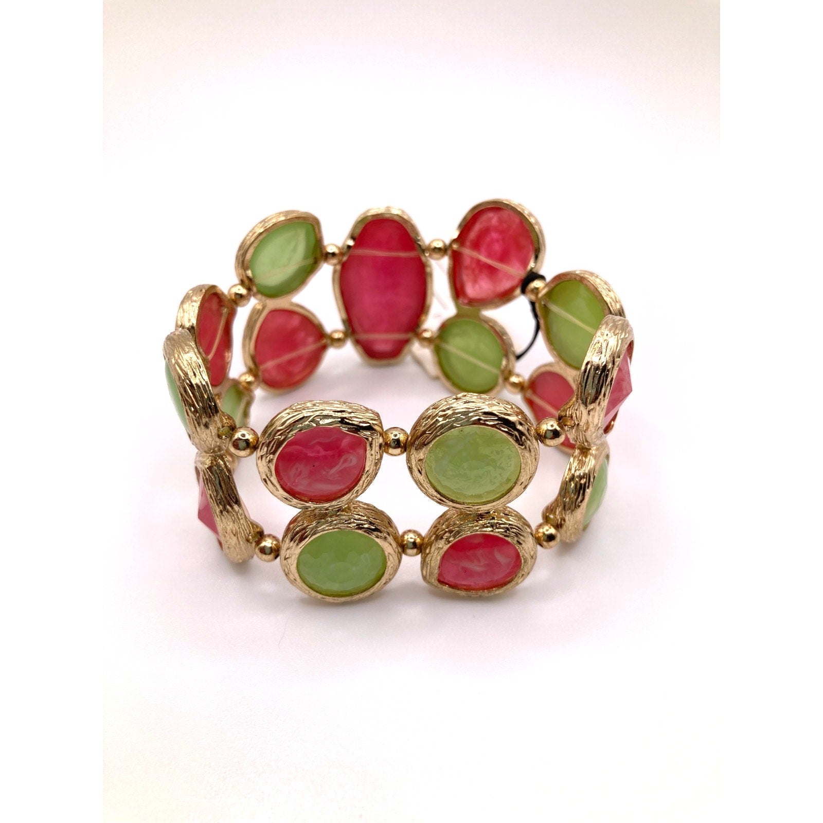 STONY Brushed Gold Tone Burgundy Red & Green 2-Row Stretch Bracelet Sz 7.5