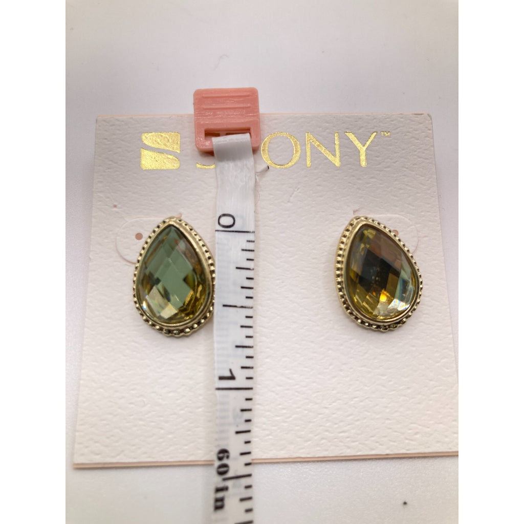 STONY Gold Tone Green Translucent Faceted Faux Stone Teardrop Stud Earrings