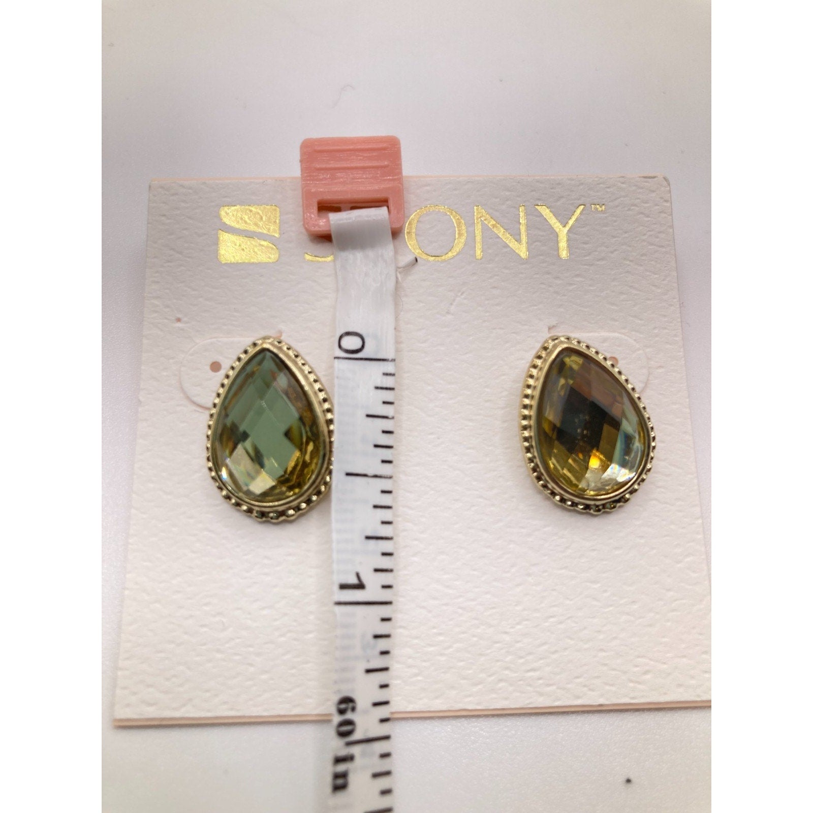STONY Gold Tone Green Translucent Faceted Faux Stone Teardrop Stud Earrings