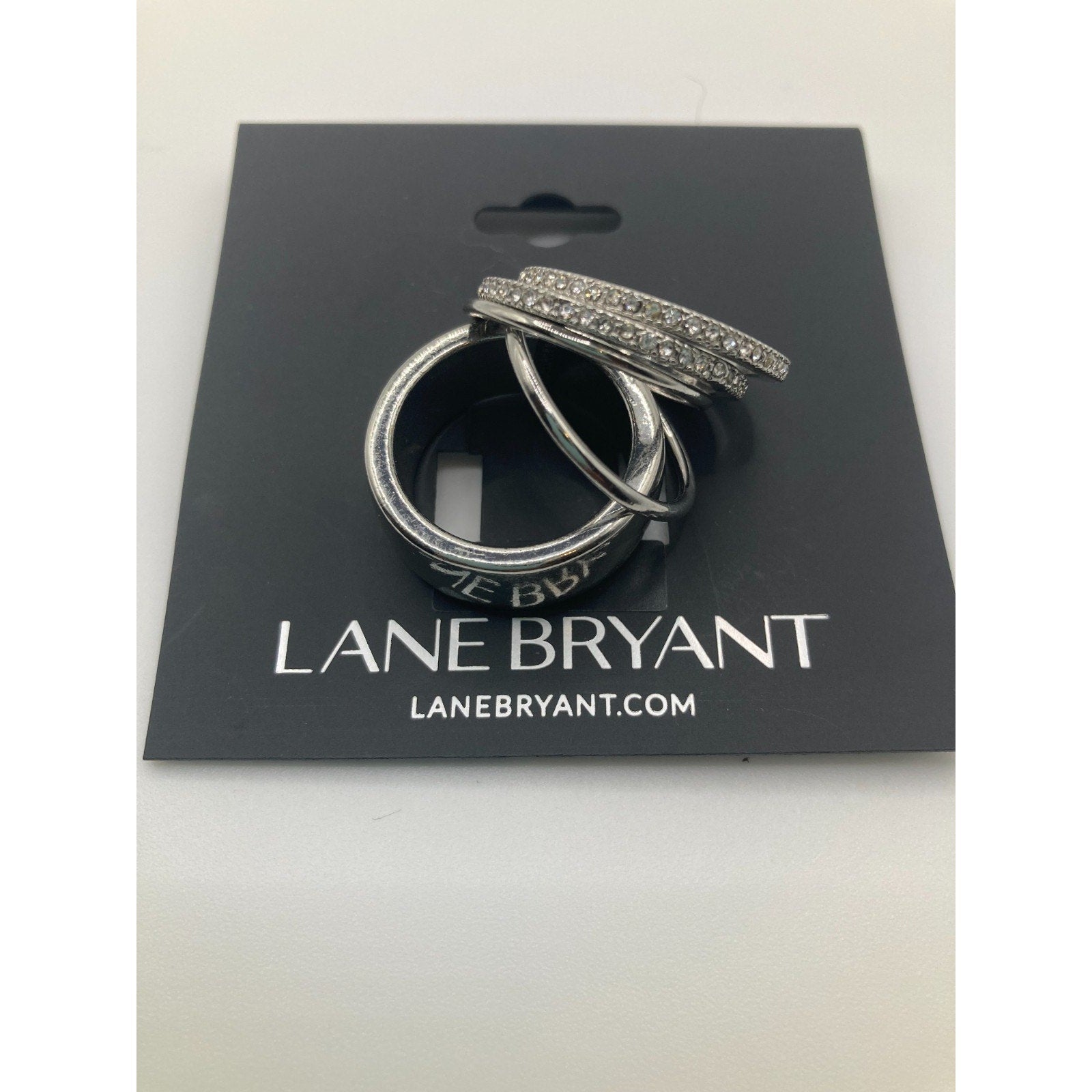 Lane Bryant Classic Polished Silver Tone and Rhinestone 5 Ring Set (Size 8)