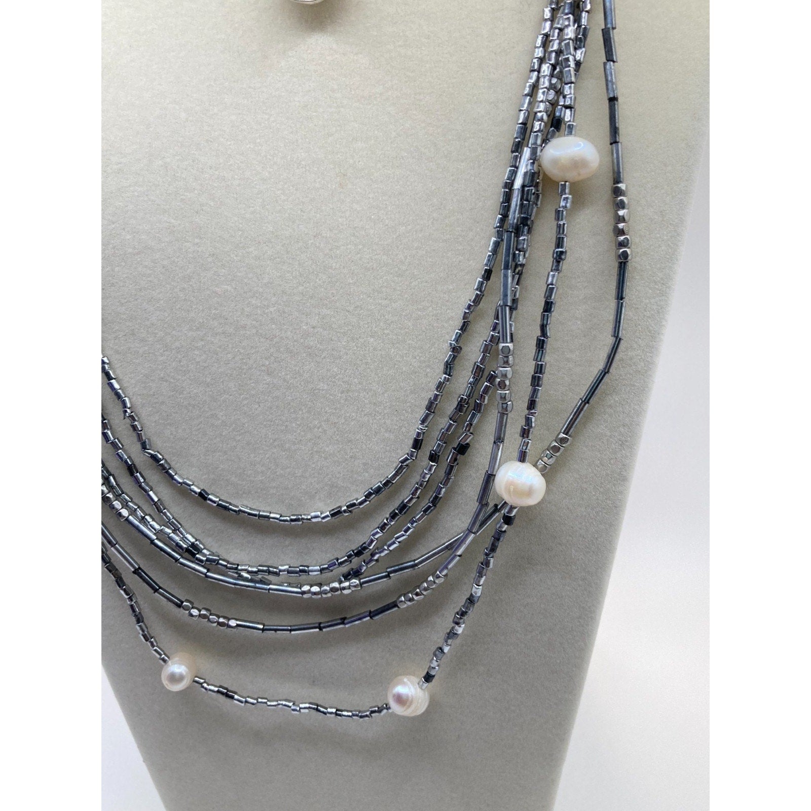 NWOT J. Jill Black Corded Gray Microbead Faux Pearls Layered Beaded Necklace