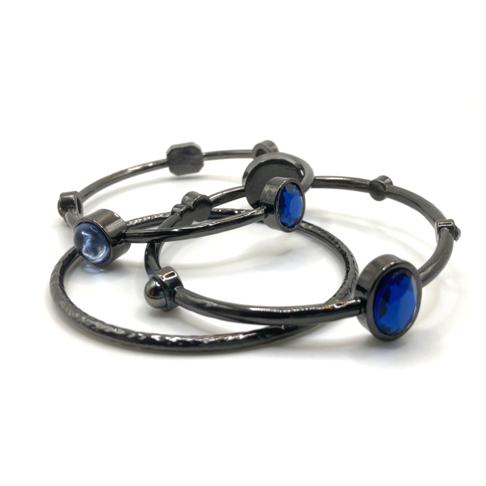 Chicos Blue Jeweled Gunmetal Black Tone Bangles Bracelet Set of 3