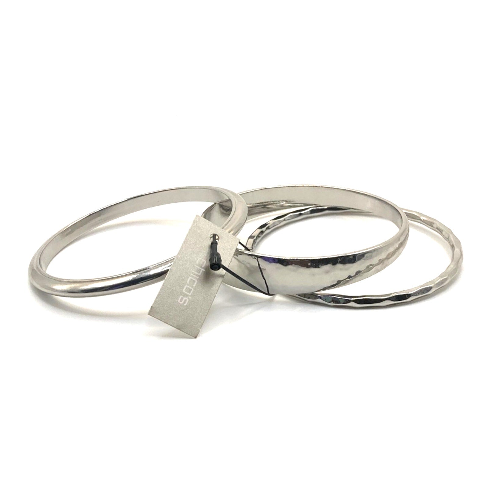 CHICO'S Silver Tone Textured Hammered Style Stack Bangle Bracelets Size 8