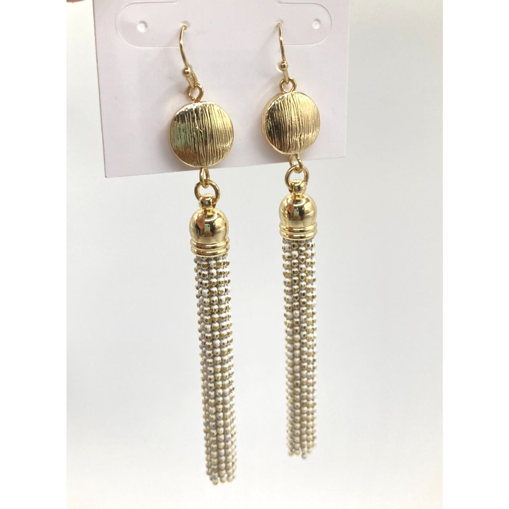 WHITE HOUSE/BLACK MARKET Gold Tone w/ White Tassel Chain Dangle Earrings~3in