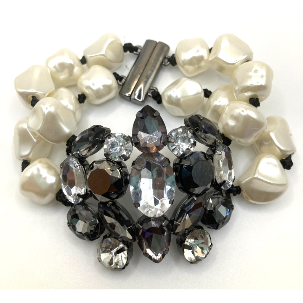 Brooch-Style Faux Pearls Gunmetal Tones Rhinestone 2 Row Magnetic Clasp Bracelet