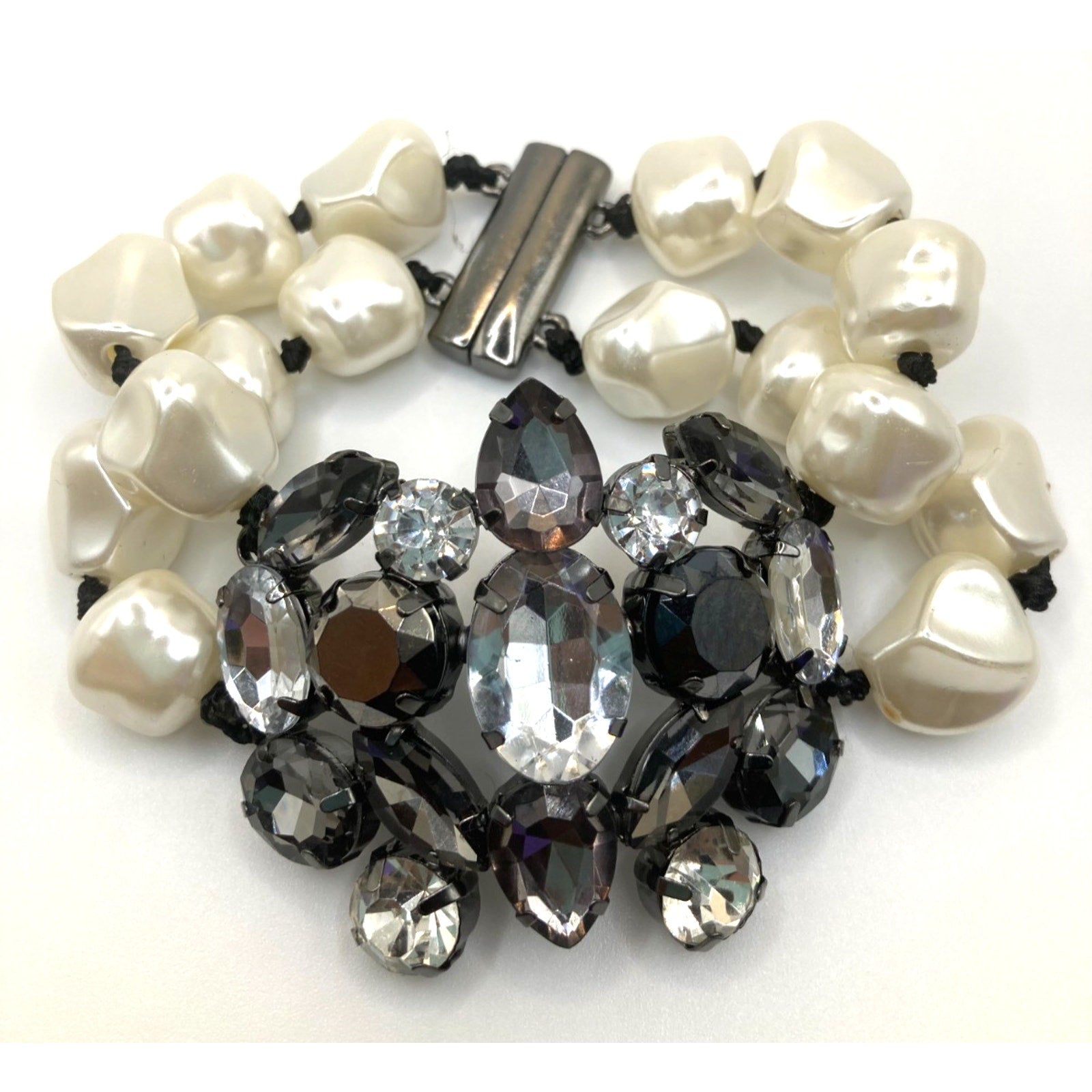 Brooch-Style Faux Pearls Gunmetal Tones Rhinestone 2 Row Magnetic Clasp Bracelet