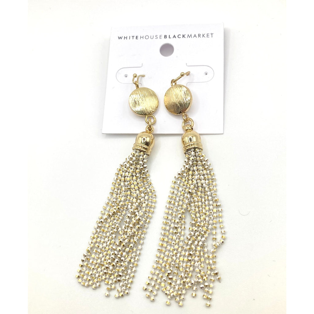 WHITE HOUSE/BLACK MARKET Gold Tone w/ White Tassel Chain Dangle Earrings~3in