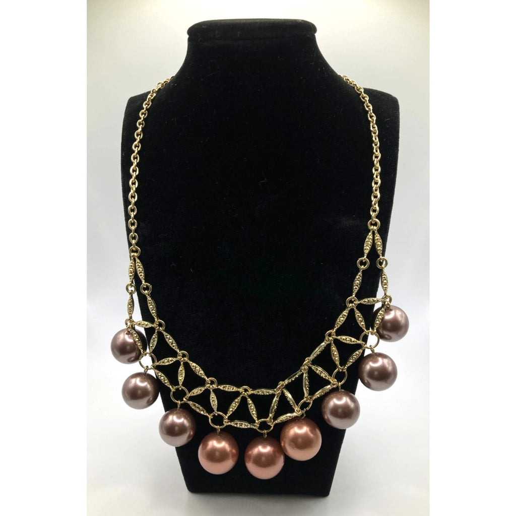 STONY Textured Gold Tone Faux Mauve Pearl Triangle Bib Statement Necklace NEW