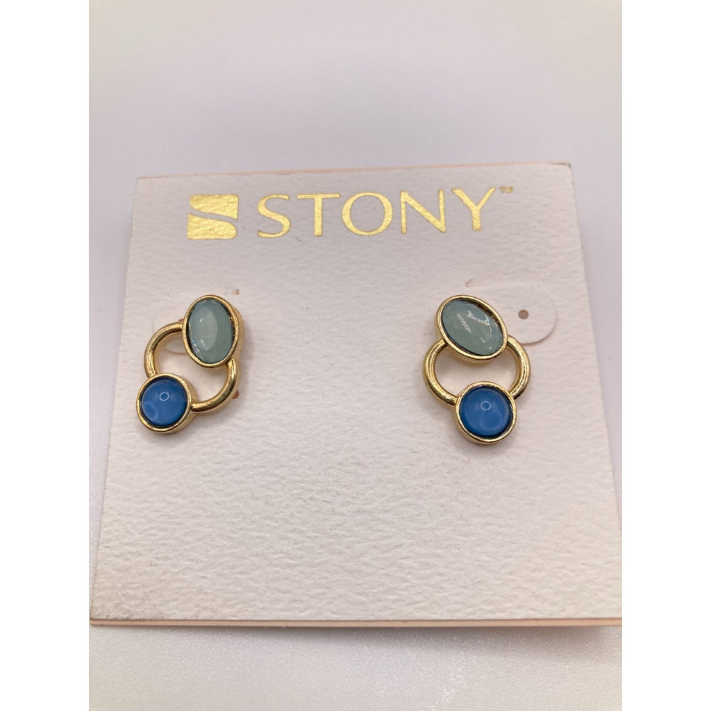 STONY Gold Tone Orbit Ring Blue and Seafoam Green Faux Stone Stud Earrings New