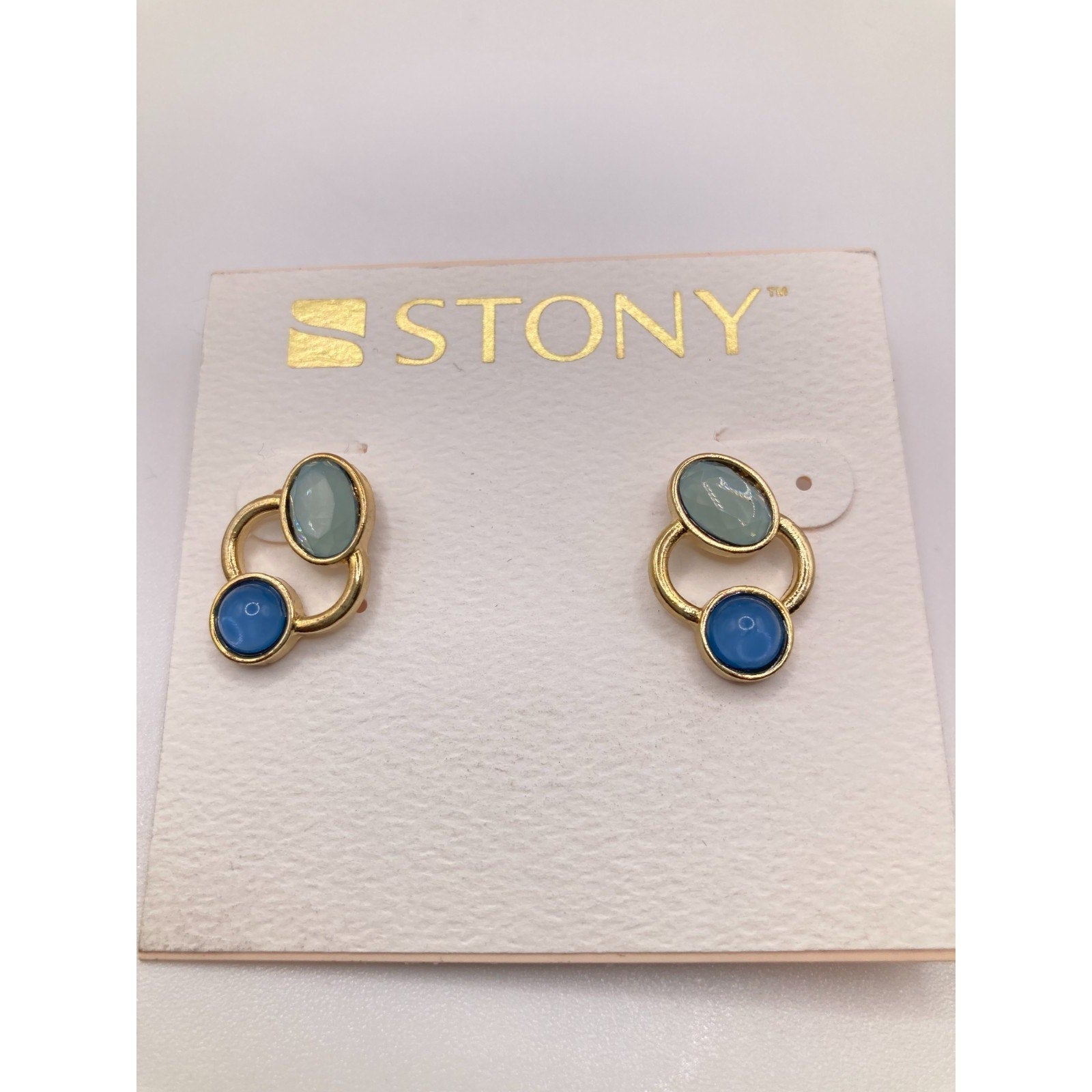 STONY Gold Tone Orbit Ring Blue and Seafoam Green Faux Stone Stud Earrings New