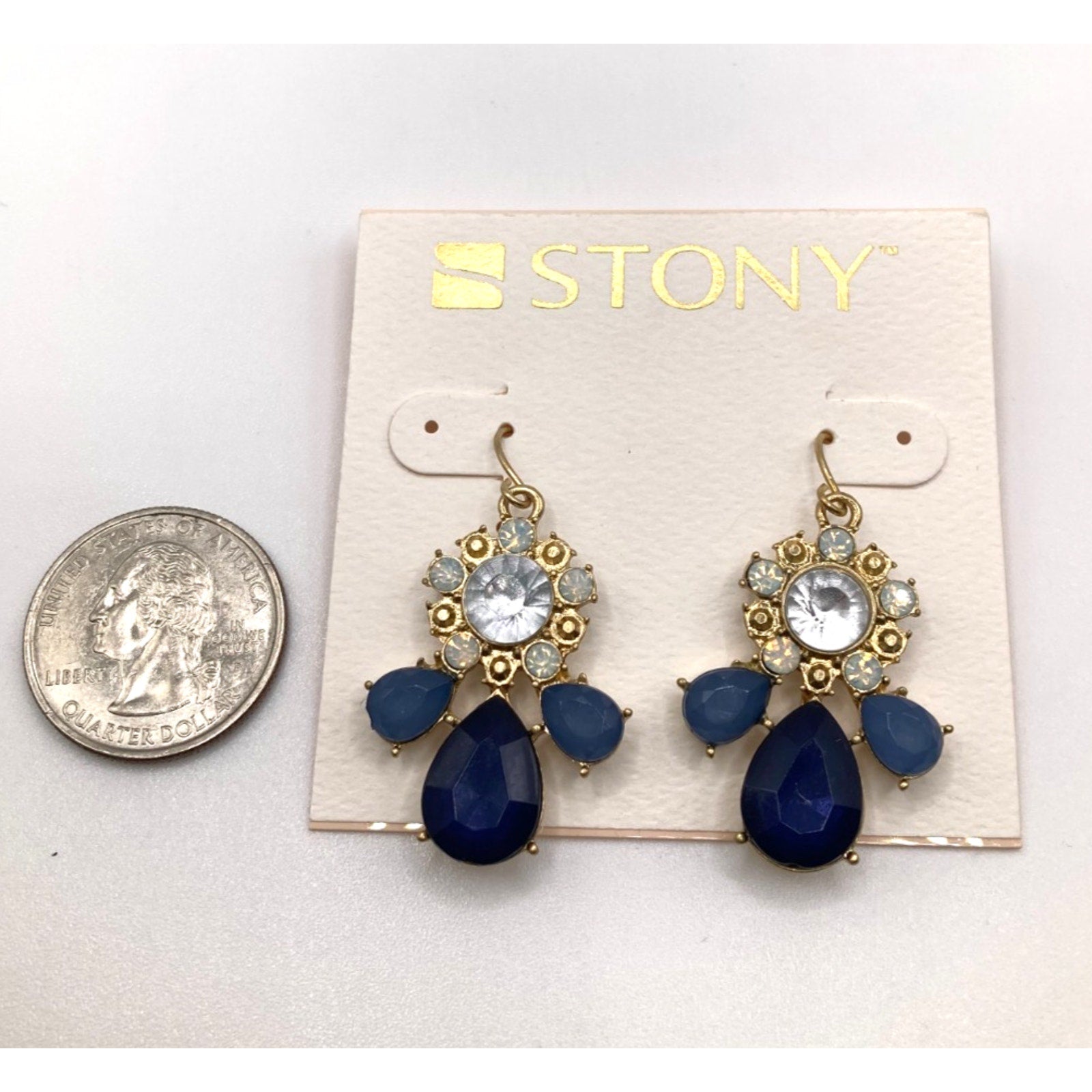 STONY Gold Tone Navy Blue & Cloudy Clear Acrylic Stone Drop Dangle Earrings 1.3" Imperfect*
