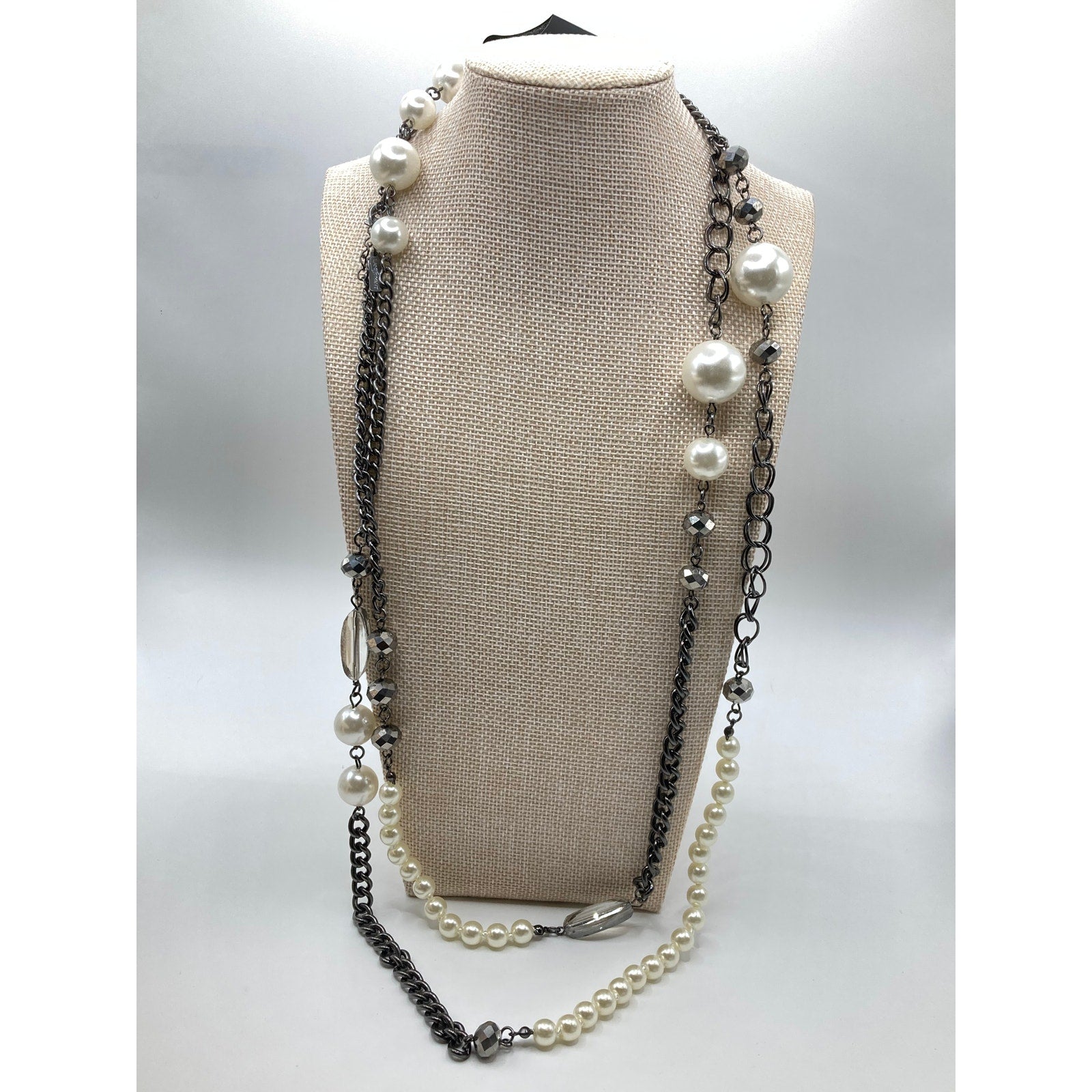 Lane Bryant Steel Grey Tone Statement Necklace Faux Pearls & Mixed Chain 60"