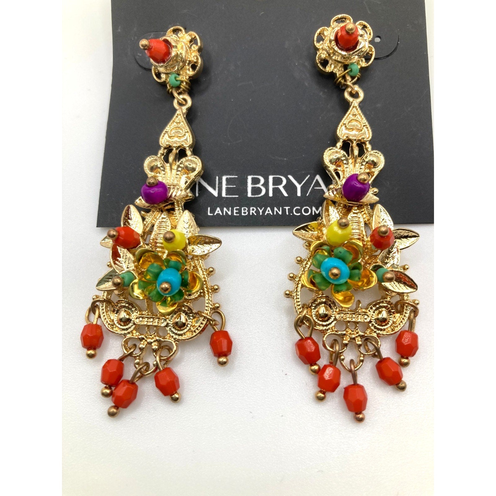 LANE BRYANT Spanish Gold Tone Multicolor Ornate Chandelier Statement Earrings