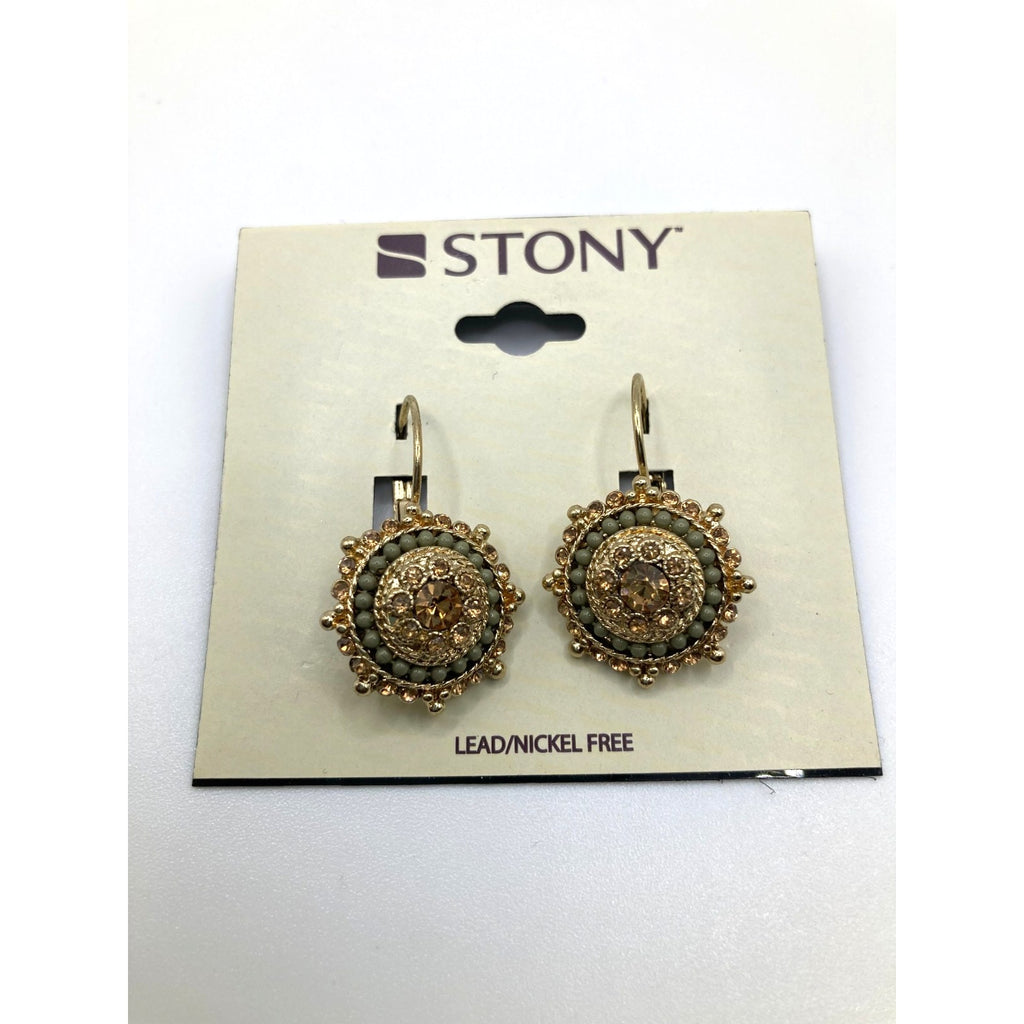 STONY Gold Tone Shimmery Teal Beaded Rhinestone Boho Circle Drop Earrings