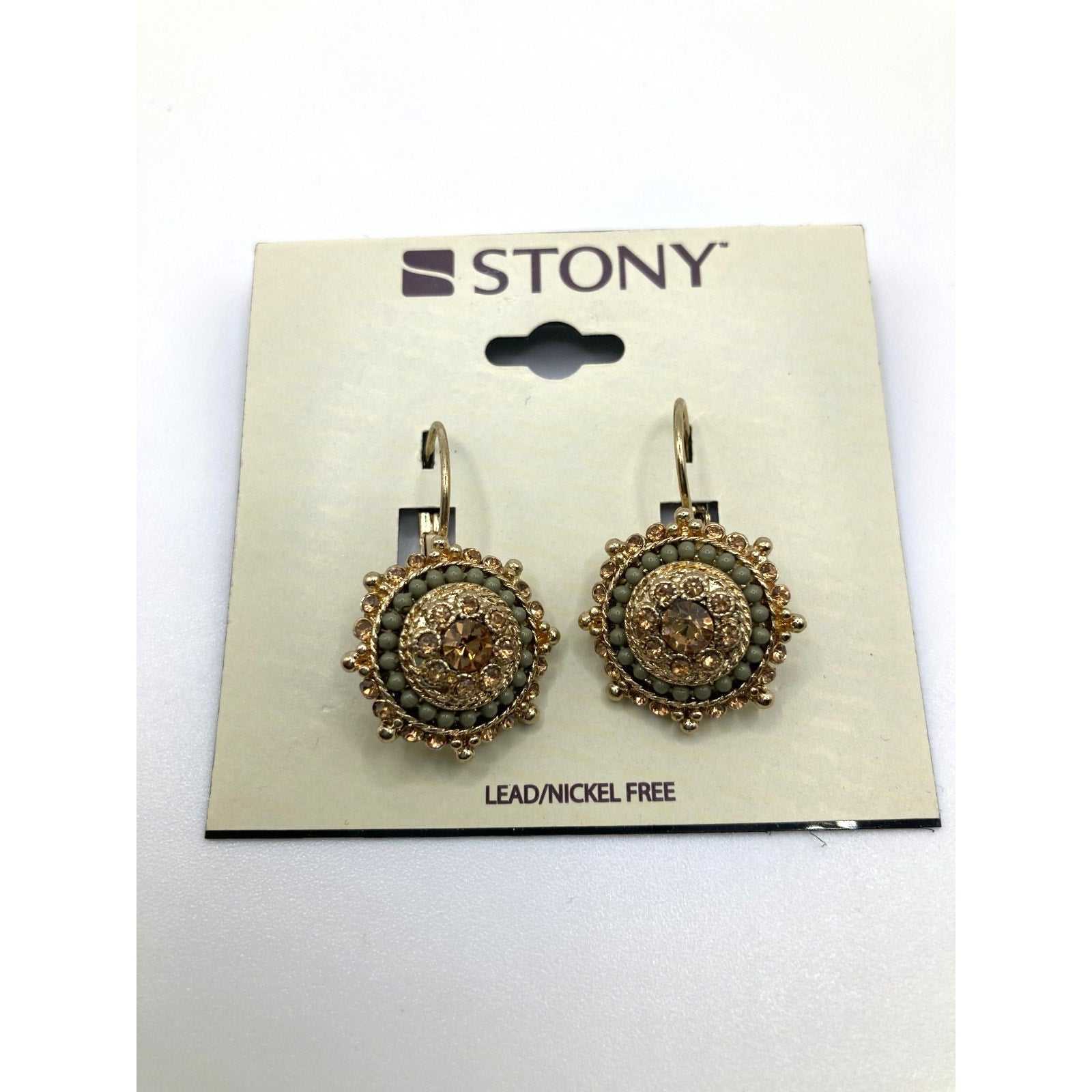 STONY Gold Tone Shimmery Teal Beaded Rhinestone Boho Circle Drop Earrings