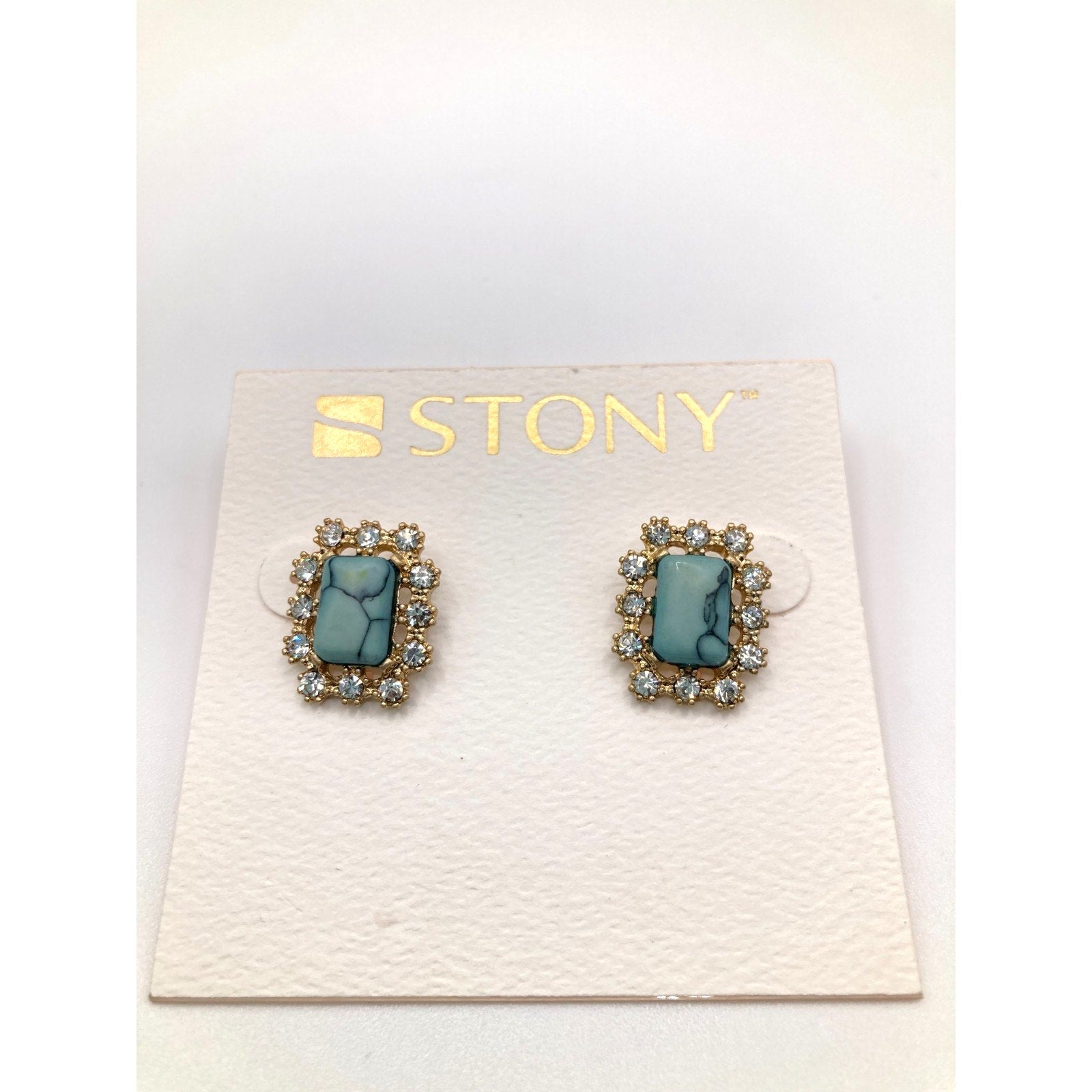 STONY Gold Tone Dainty Blue Marble Faux Stone Rectangle Stud Earrings Rhinestone