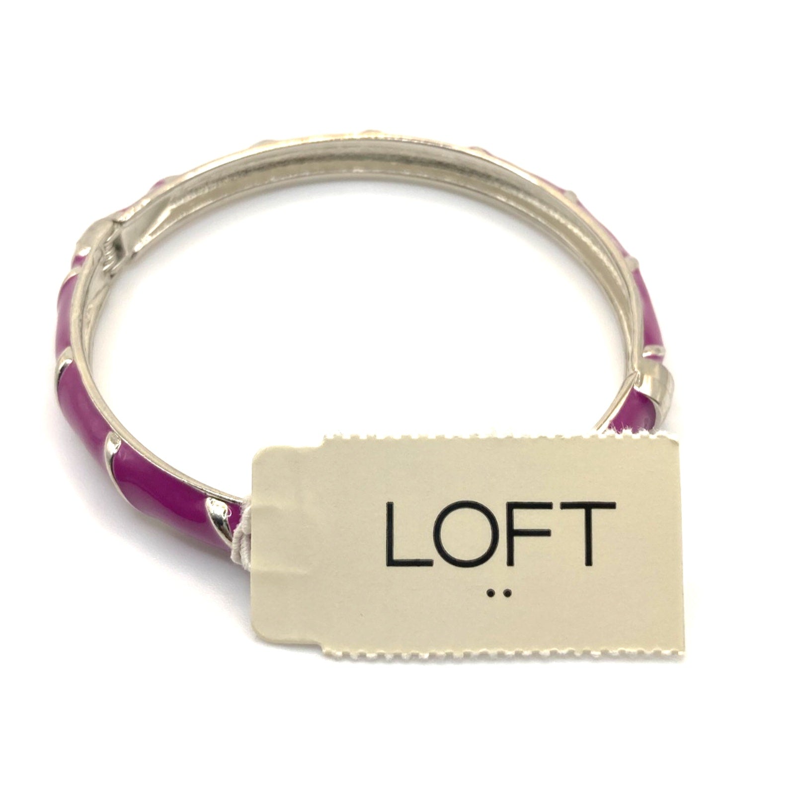 LOFT Thin Slim Silver Tone Purple Enamel Striped Hinged Bracelet Size 7