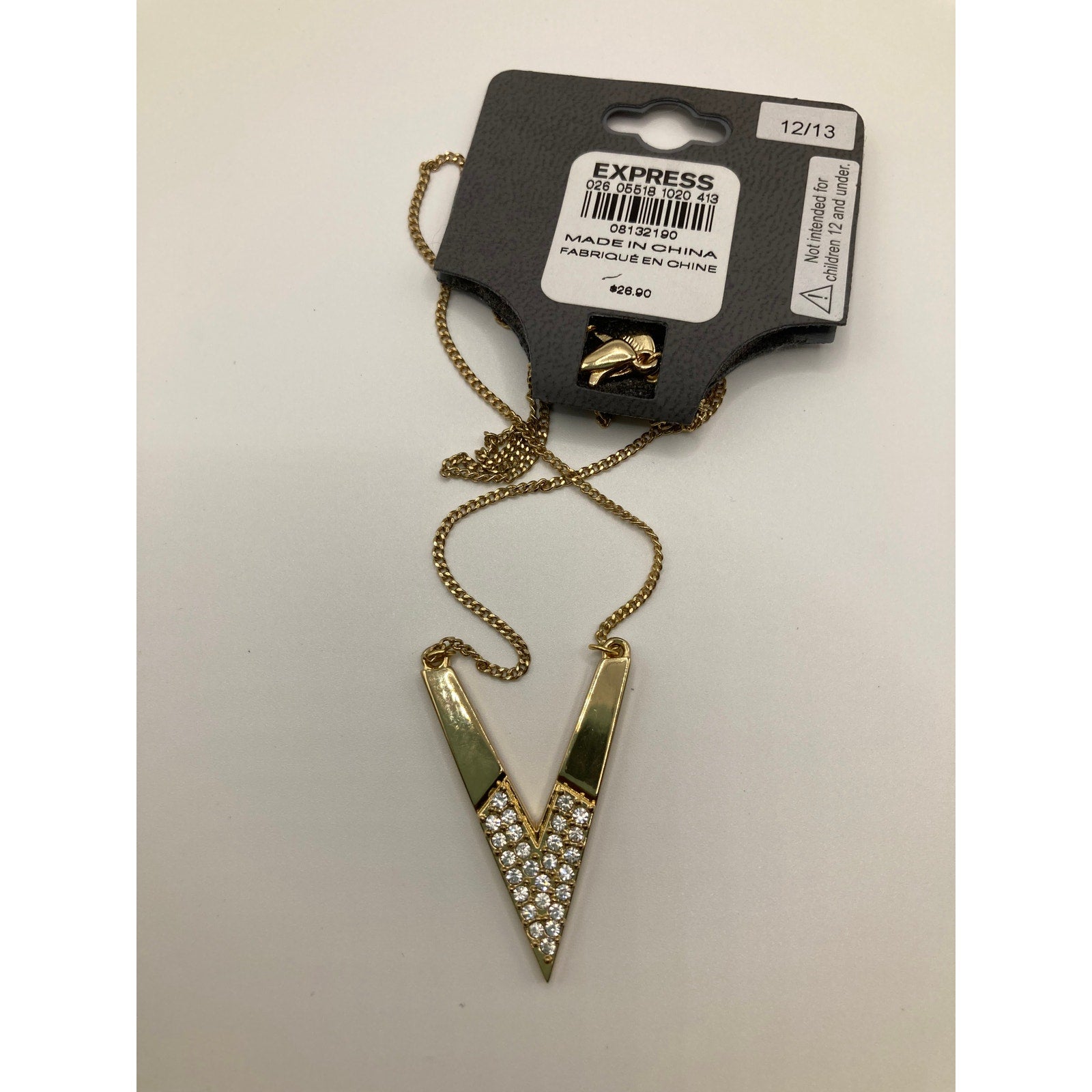 EXPRESS Gold Tone Chevron Arrow Letter V Rhinestone Accent Necklace 16" NEW
