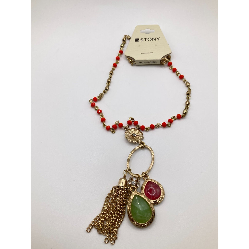 STONY Gold Tone & Red Station Necklace Flower Pendant w/ Red & Green Charms 17"