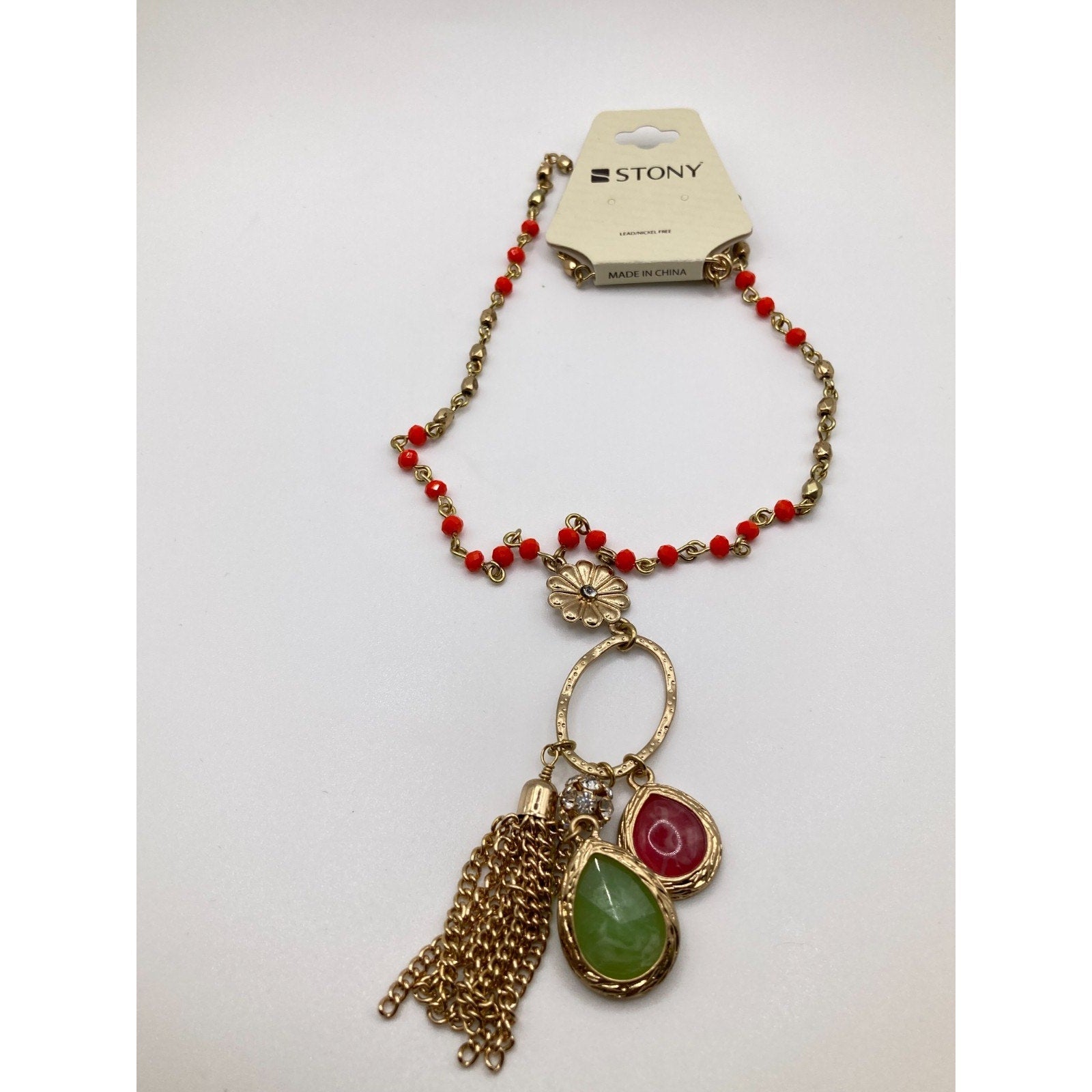 STONY Gold Tone & Red Station Necklace Flower Pendant w/ Red & Green Charms 17"