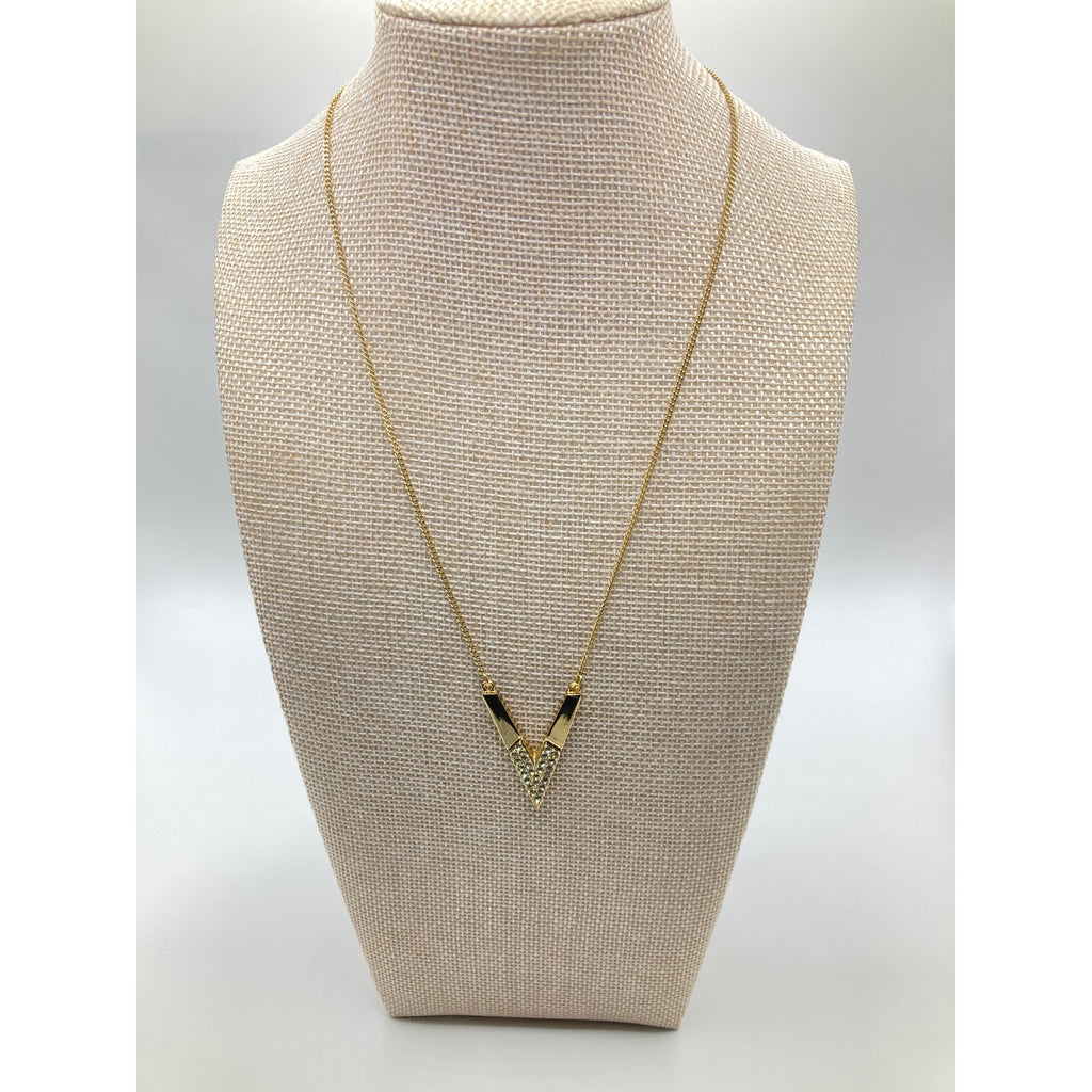 EXPRESS Gold Tone Chevron Arrow Letter V Rhinestone Accent Necklace 16" NEW