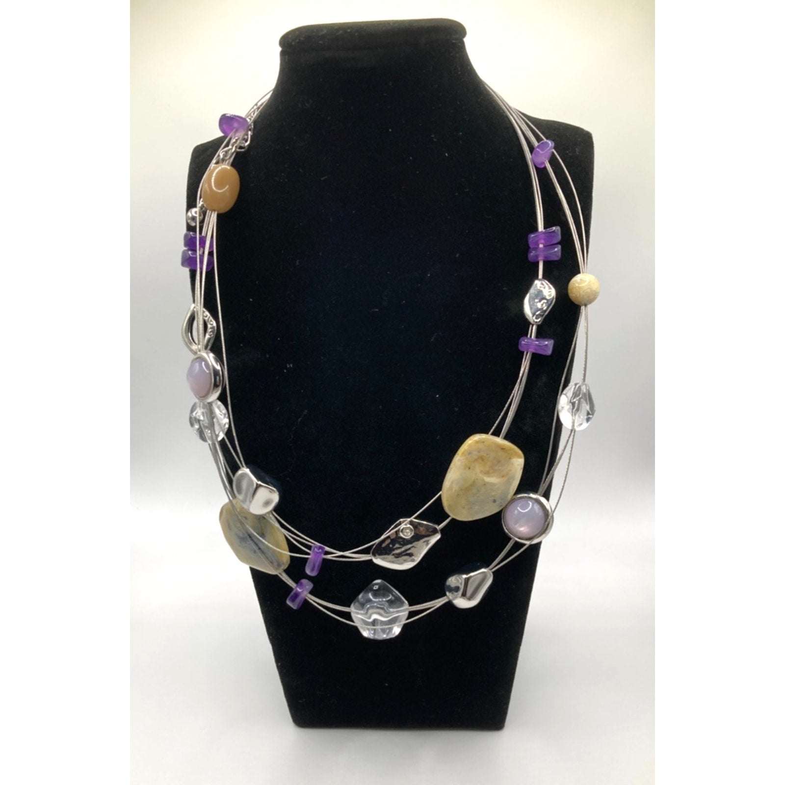 CHICO'S Silver Tone Purple, Silver And Earthy Bead Necklace On Wire Stands 17.5"