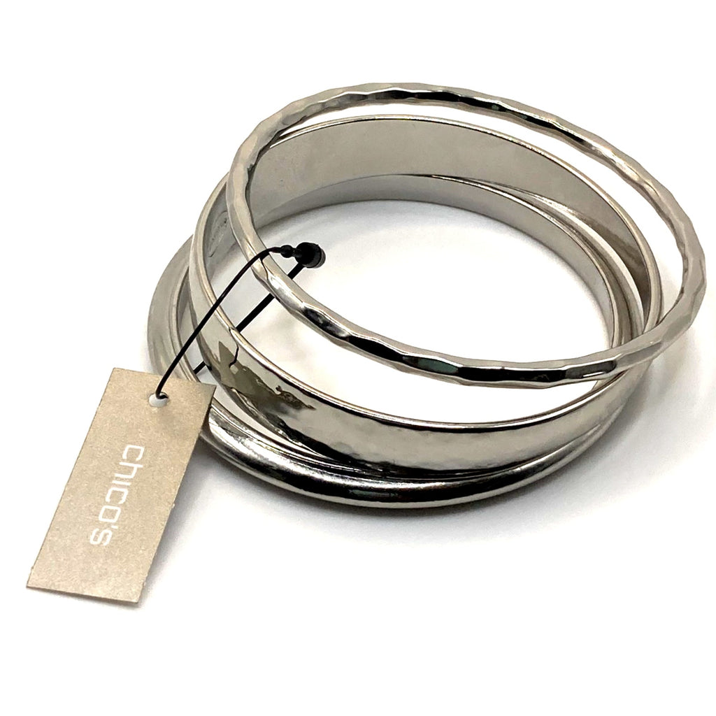 CHICO'S Silver Tone Textured Hammered Style Stack Bangle Bracelets Size 8