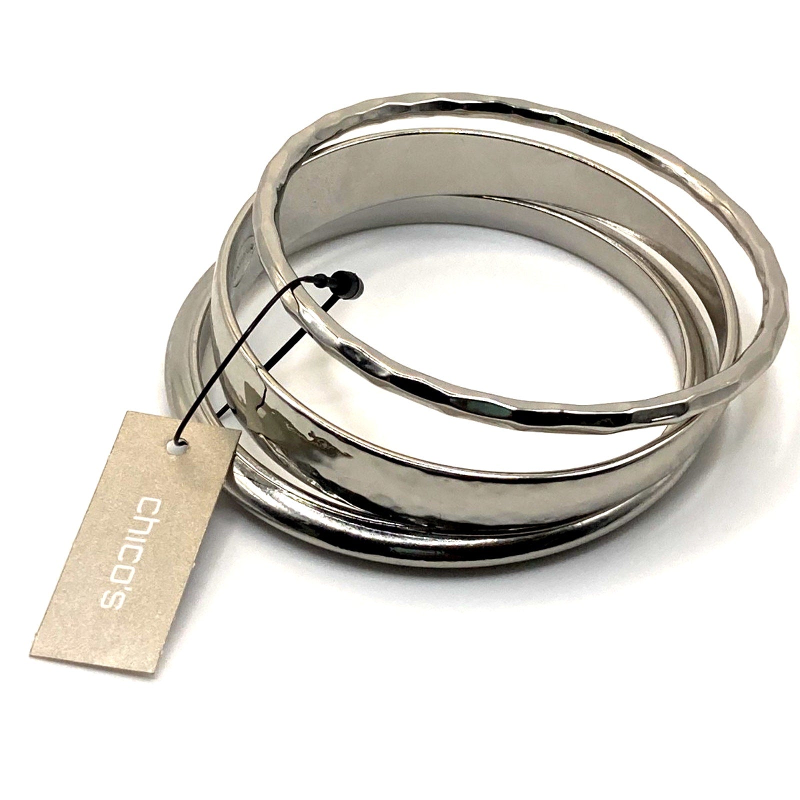 CHICO'S Silver Tone Textured Hammered Style Stack Bangle Bracelets Size 8