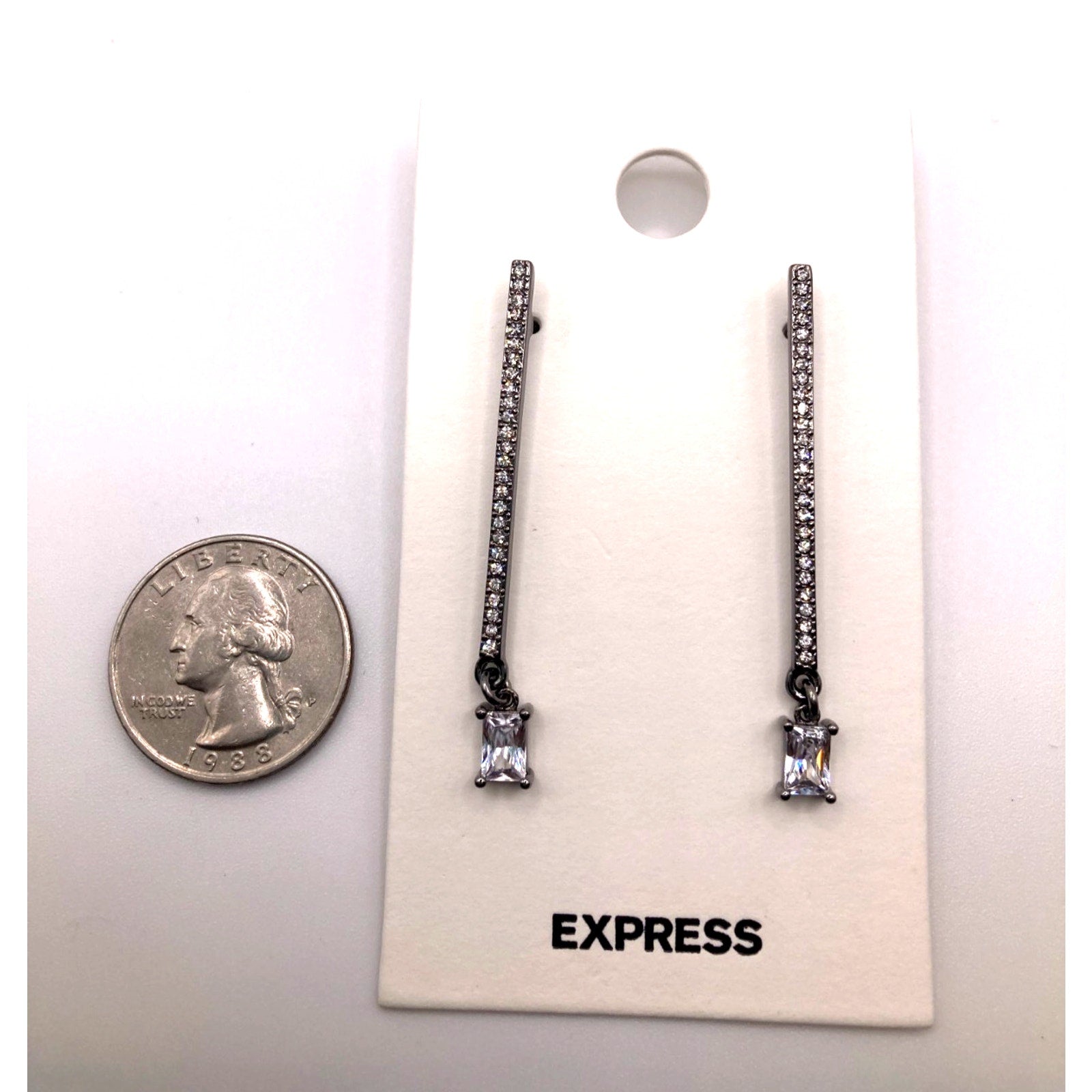 EXPRESS Grey Tone Dangle Earrings w/ Rhinestone & Faux Crystal 2"