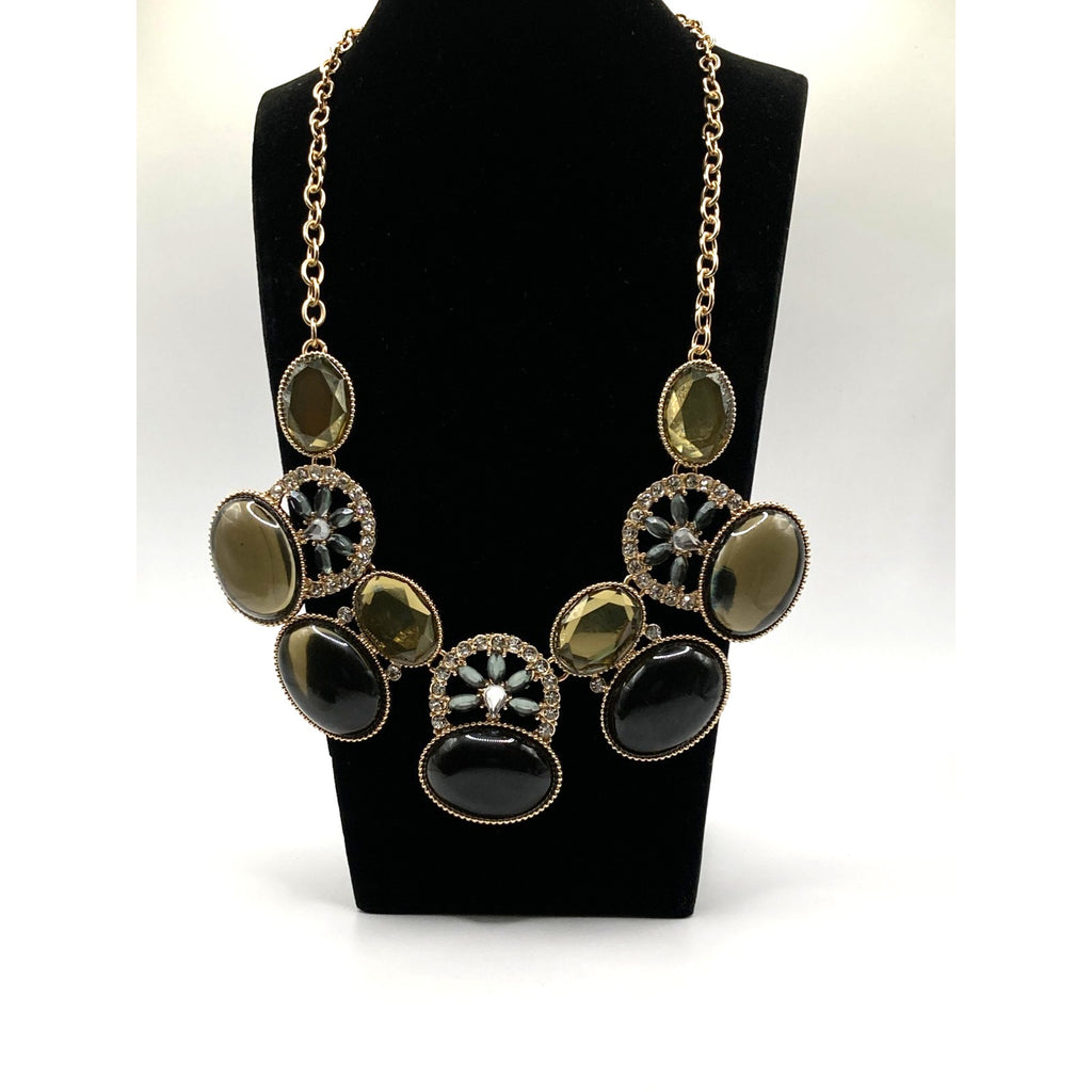 STONY Gold Tone Green & Blue Glass Stone & Crystal Necklace 17" & Earring Set
