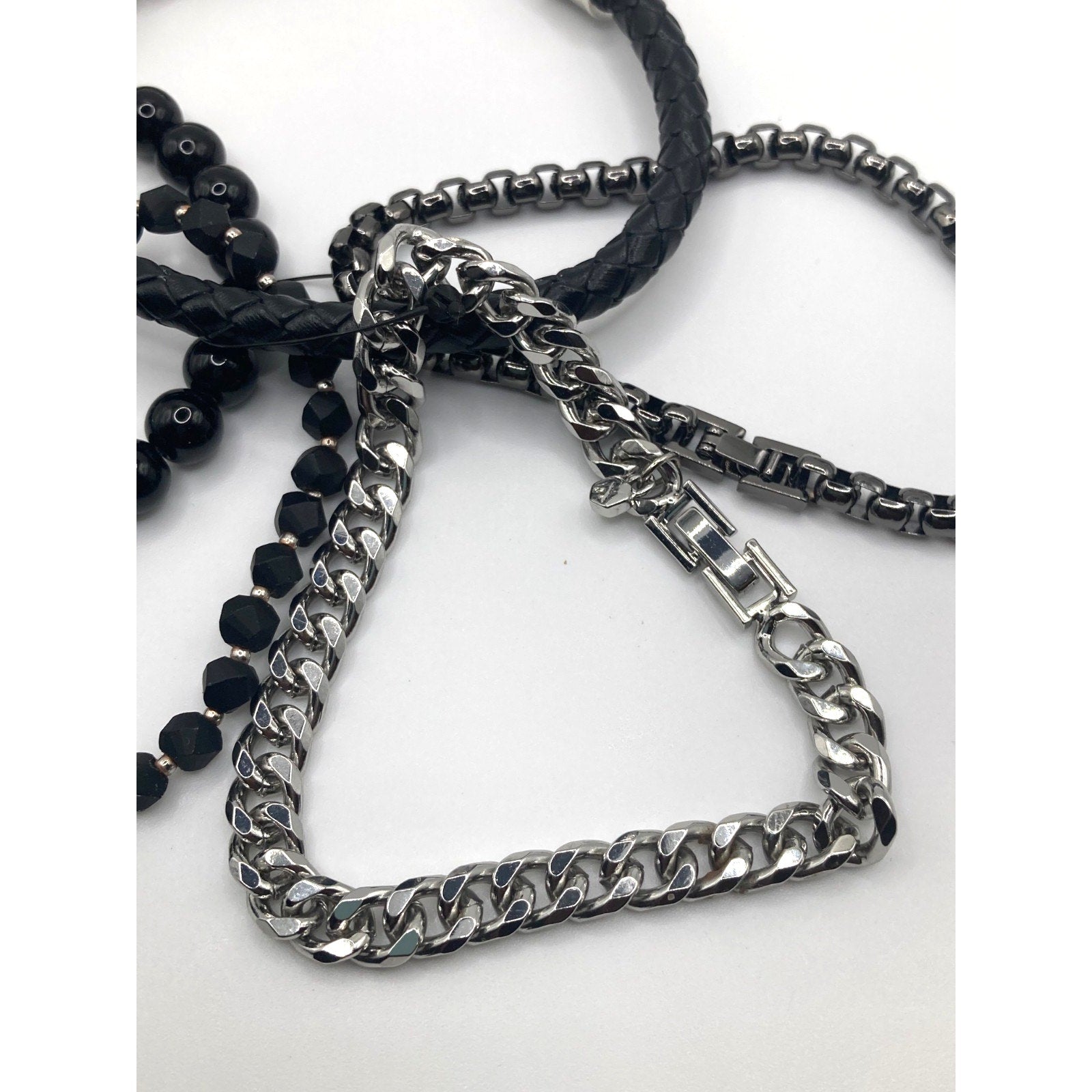 5pcs Modern Silver Tone Curb Chain, Black Beaded, Leatherette Bracelet Wrist Set