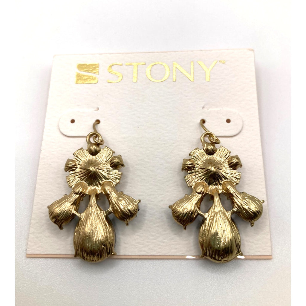 STONY Gold Tone Navy Blue & Cloudy Clear Acrylic Stone Drop Dangle Earrings 1.3" Imperfect*