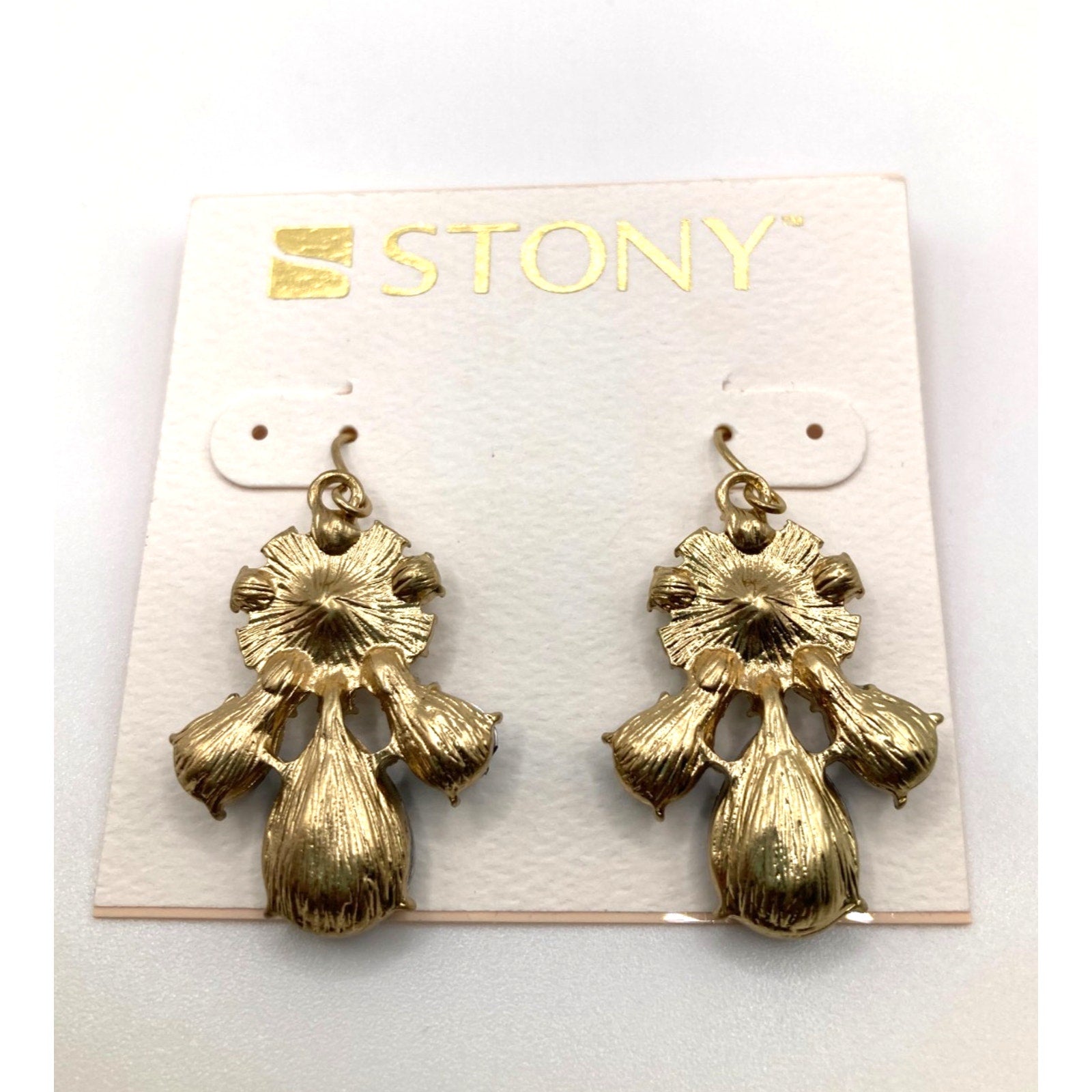 STONY Gold Tone Navy Blue & Cloudy Clear Acrylic Stone Drop Dangle Earrings 1.3" Imperfect*