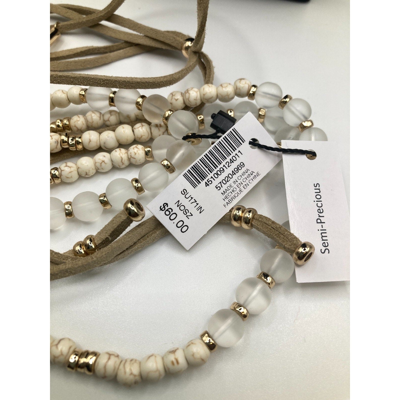 WHITE HOUSE/BLACK MARKET Beige Genuine Stone, Bead, Suede & Gold Tone Necklace