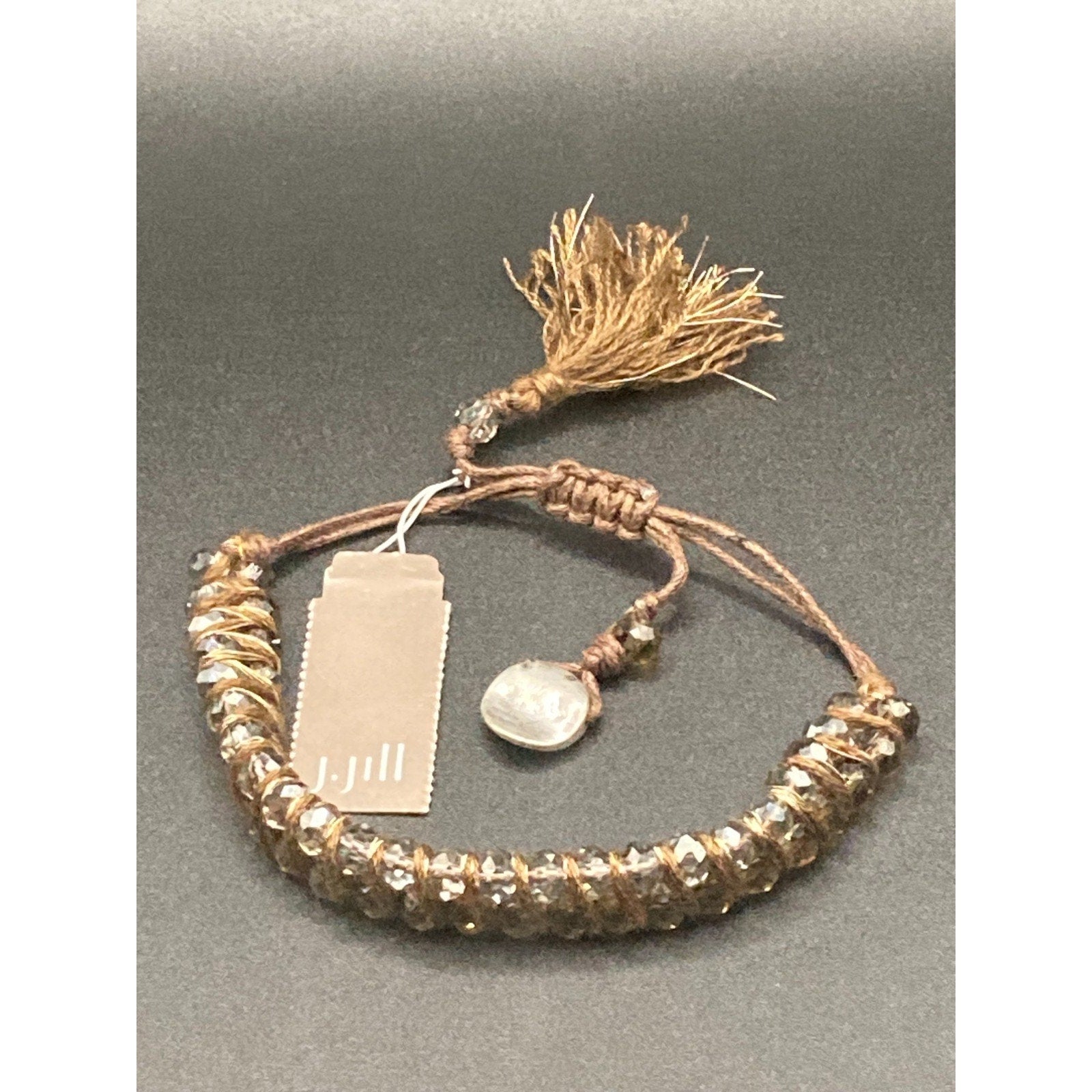 J JILL Crystal Beads Wrapped stranded Brown Cord Bracelet W Tassel | $39 Retail