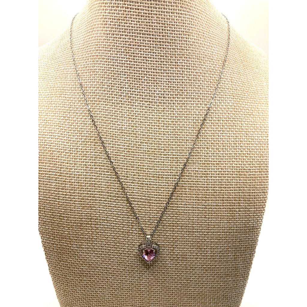 Pink Heart Crystal Silver Overlay 18" Necklace Made with SWAROVSKI Elements