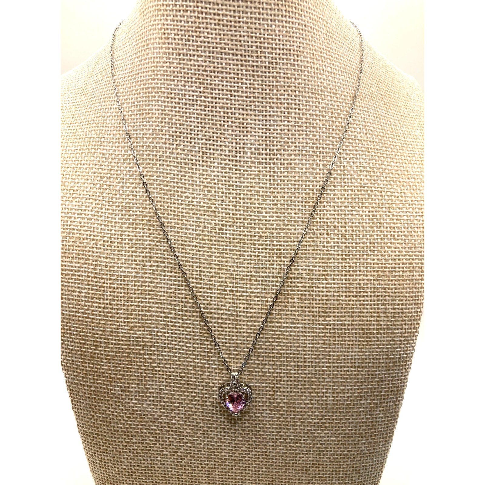 Pink Heart Crystal Silver Overlay 18" Necklace Made with SWAROVSKI Elements
