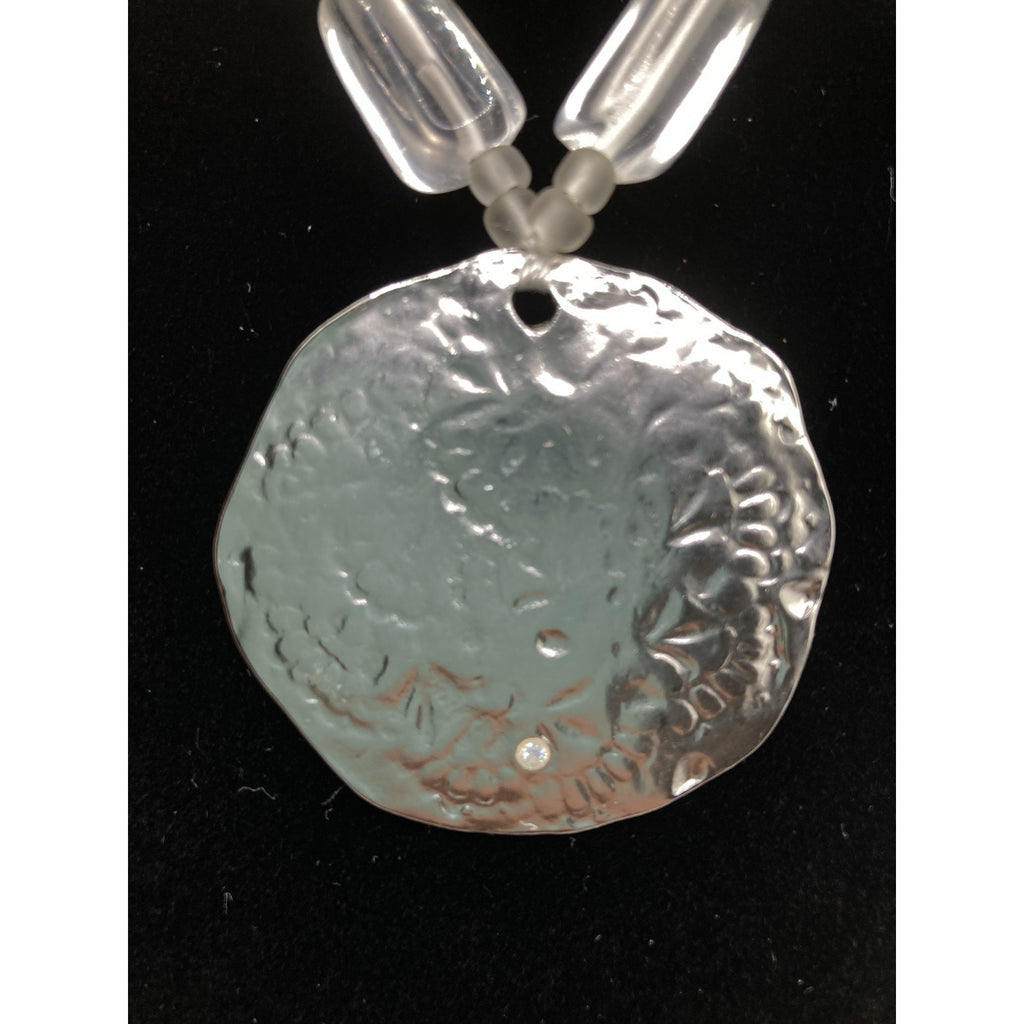 Hammered Embossed Silver Tone Pendant w/ Glass Stone 22" Cord Statement Necklace