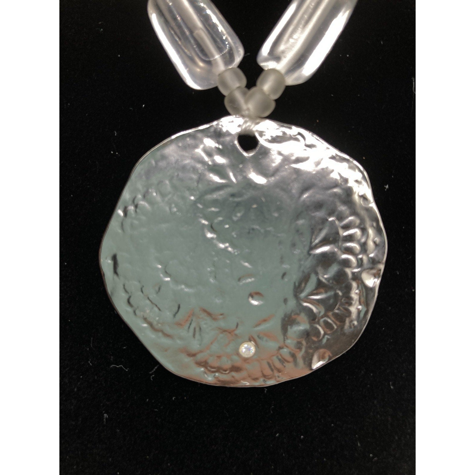 Hammered Embossed Silver Tone Pendant w/ Glass Stone 22" Cord Statement Necklace