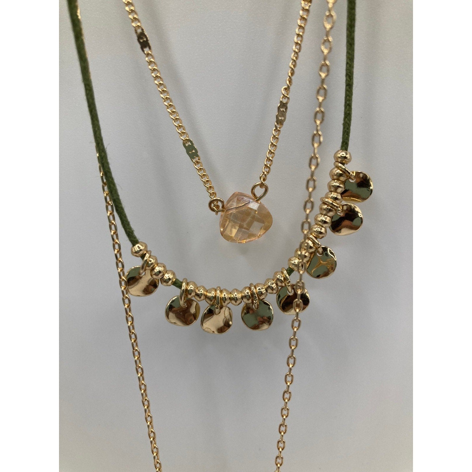 SET! LANE BRYANT Three Strand Olive & Gold Tone Pendant NECKLACE & Hoop EARRINGS