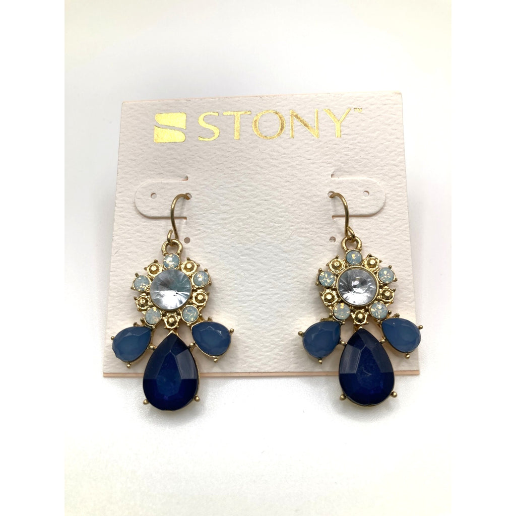 STONY Gold Tone Navy Blue & Cloudy Clear Acrylic Stone Drop Dangle Earrings 1.3" Imperfect*