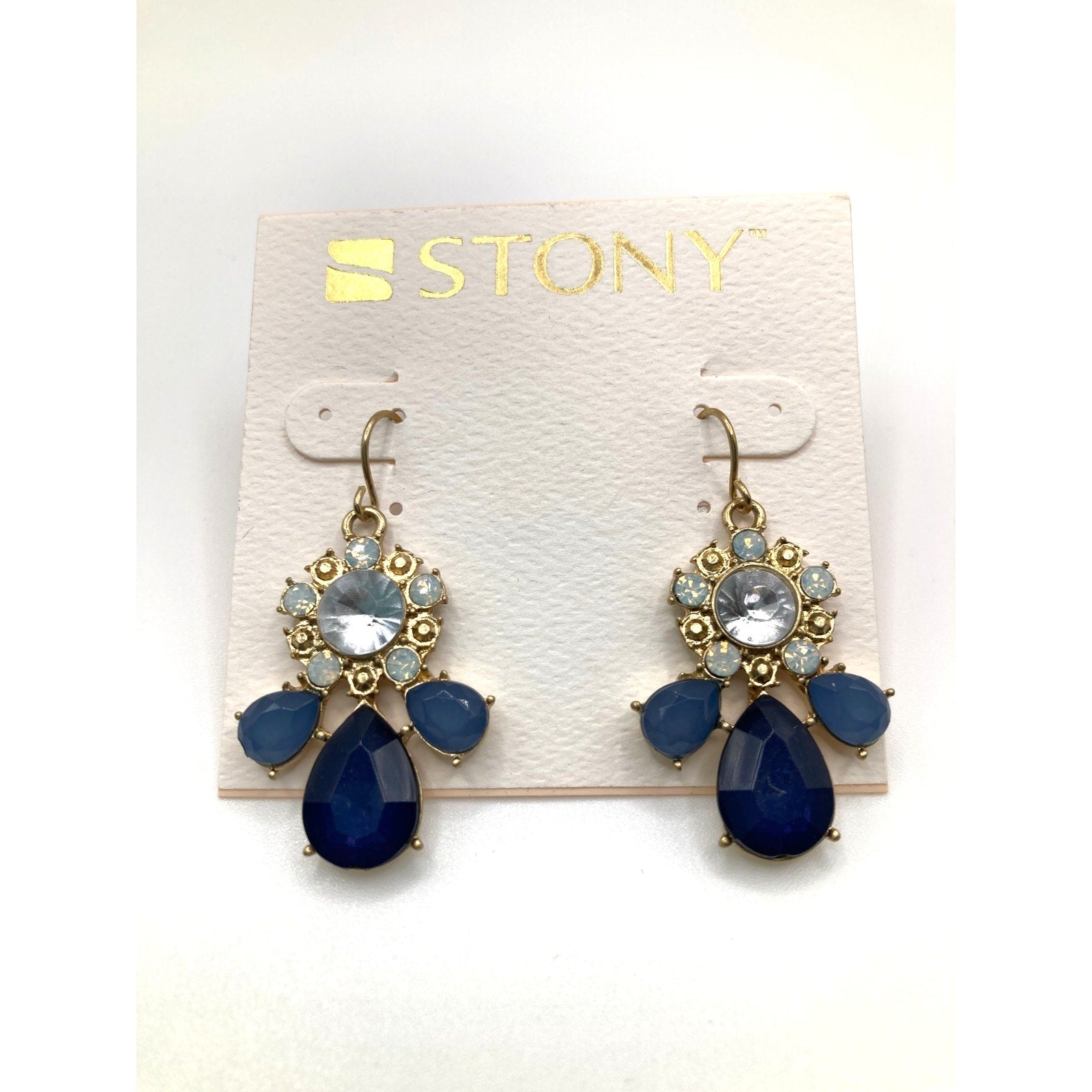 STONY Gold Tone Navy Blue & Cloudy Clear Acrylic Stone Drop Dangle Earrings 1.3" Imperfect*