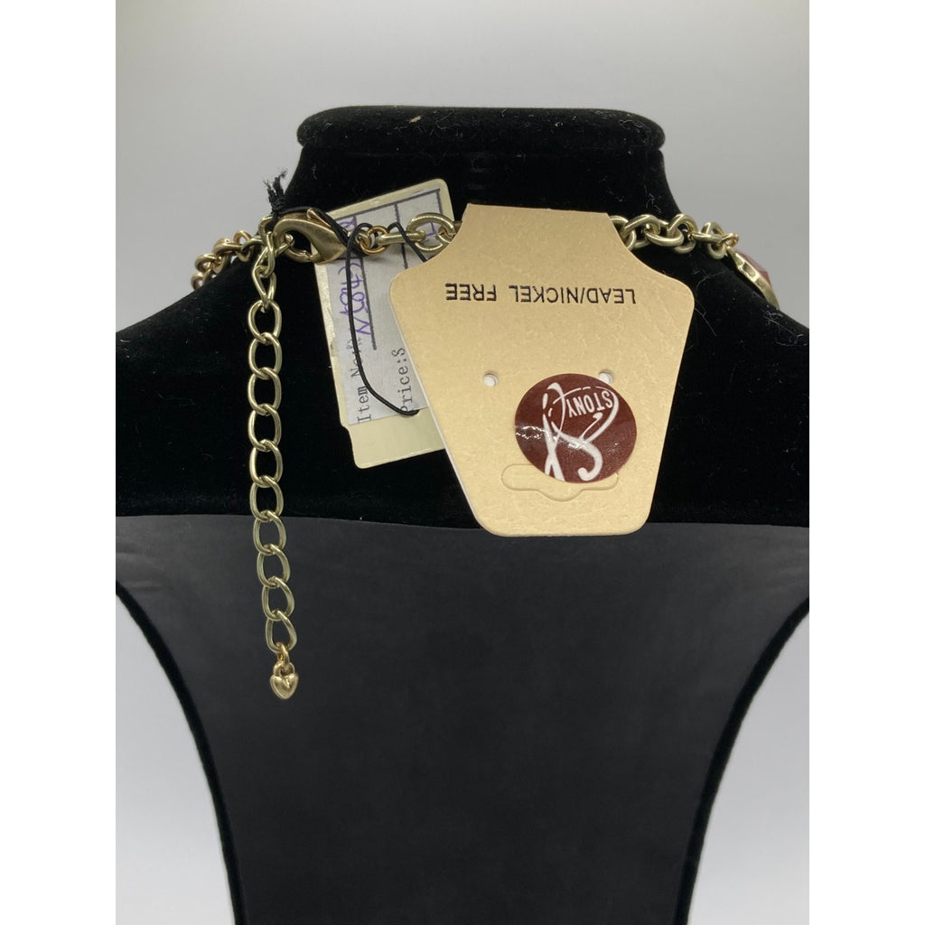 STONY Gold Tone Square Link Brown & Burgundy Acrylic Stone Station Necklace 16"