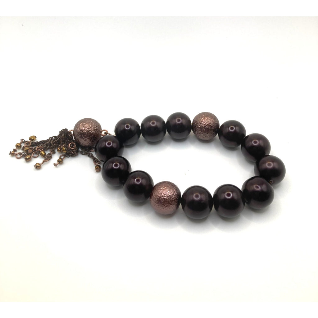 COLDWATER CREEK Chocolate Brown Large Bead Chunky Stretch Bracelet w/ Tassel
