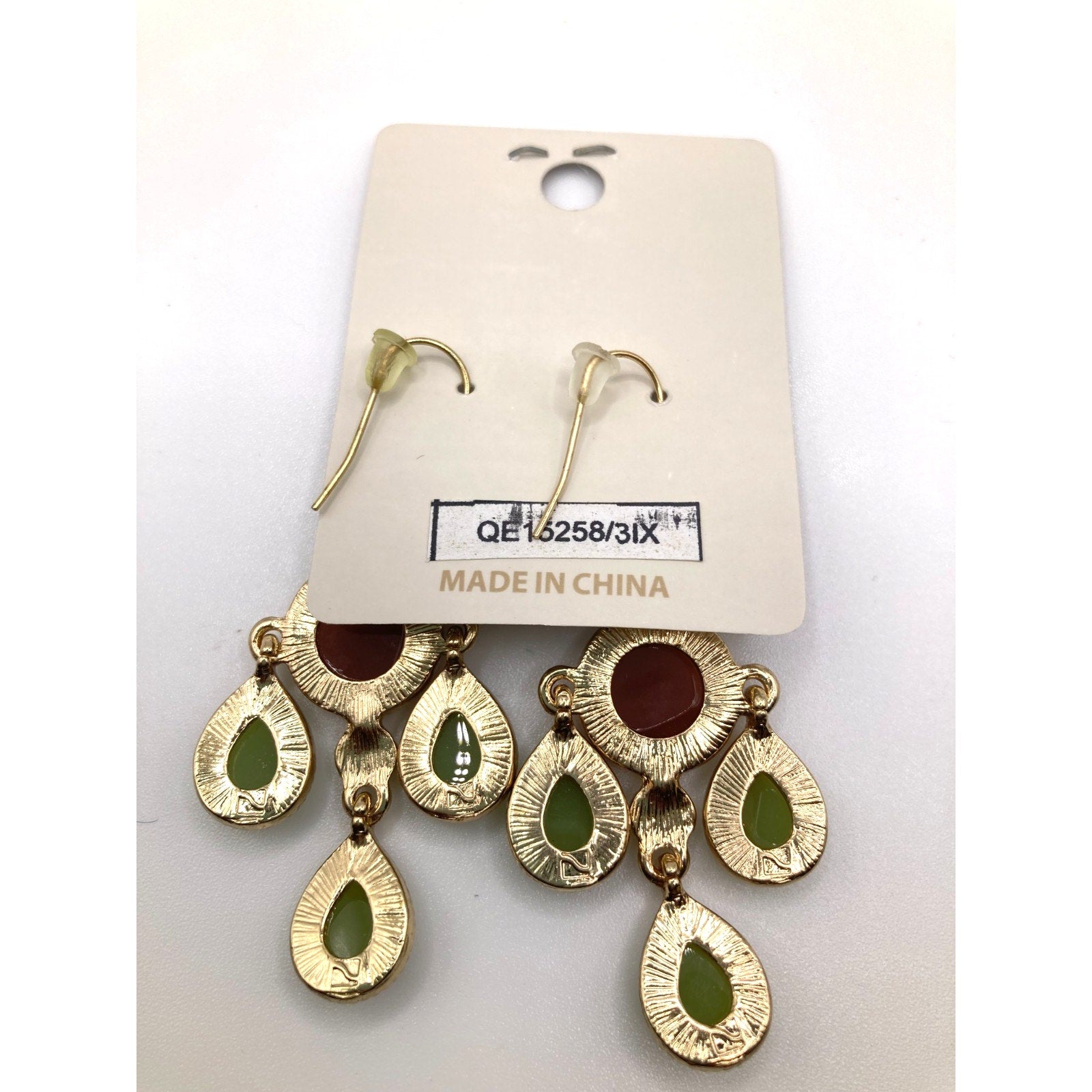 STONY Gold Tone Retro Burgundy Green Yellow Faux Cabochon Stone Drop Earrings 2"