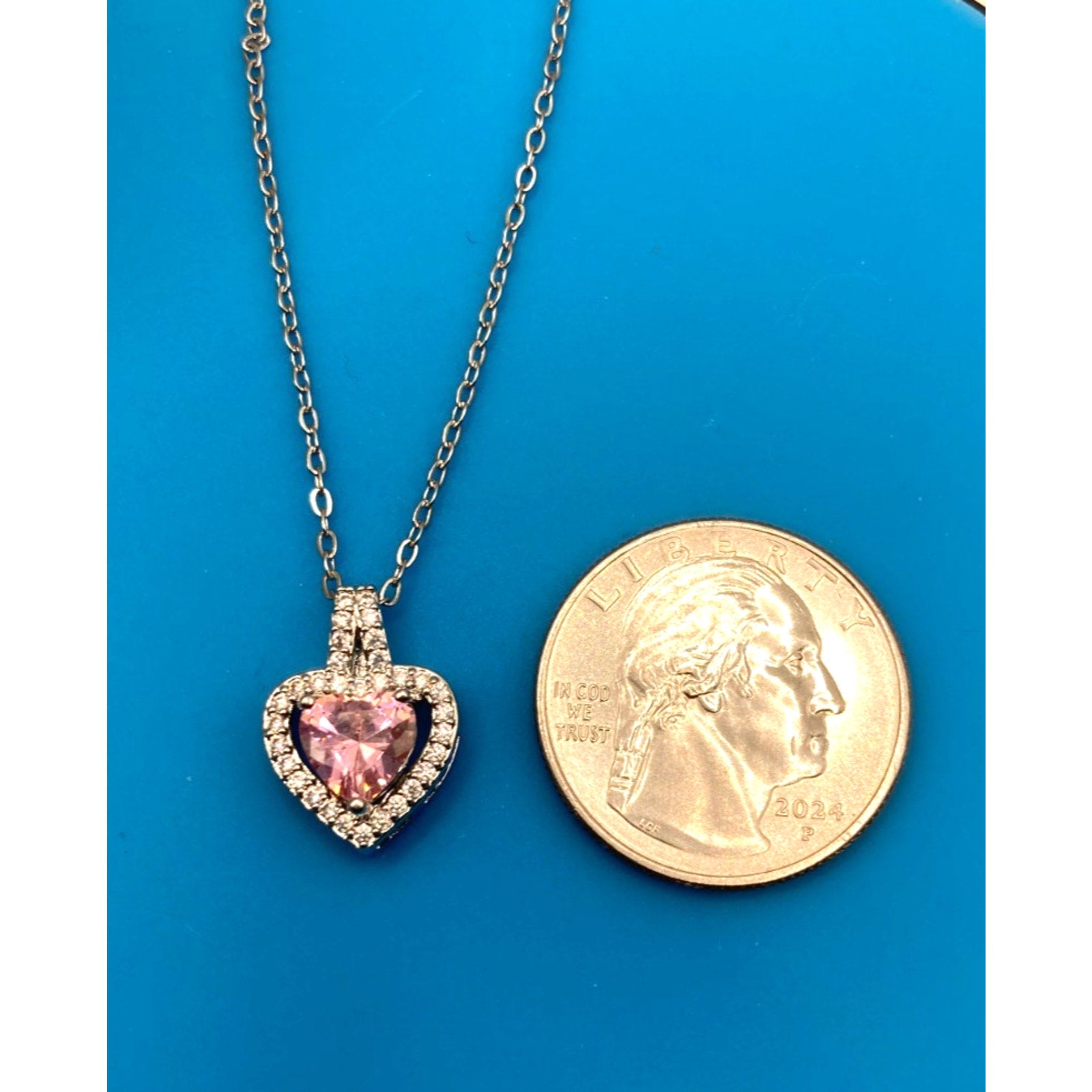 Pink Heart Crystal Silver Overlay 18" Necklace Made with SWAROVSKI Elements